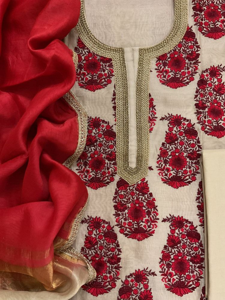 Image of Pure Chanderi Embroidered Suit - Beige