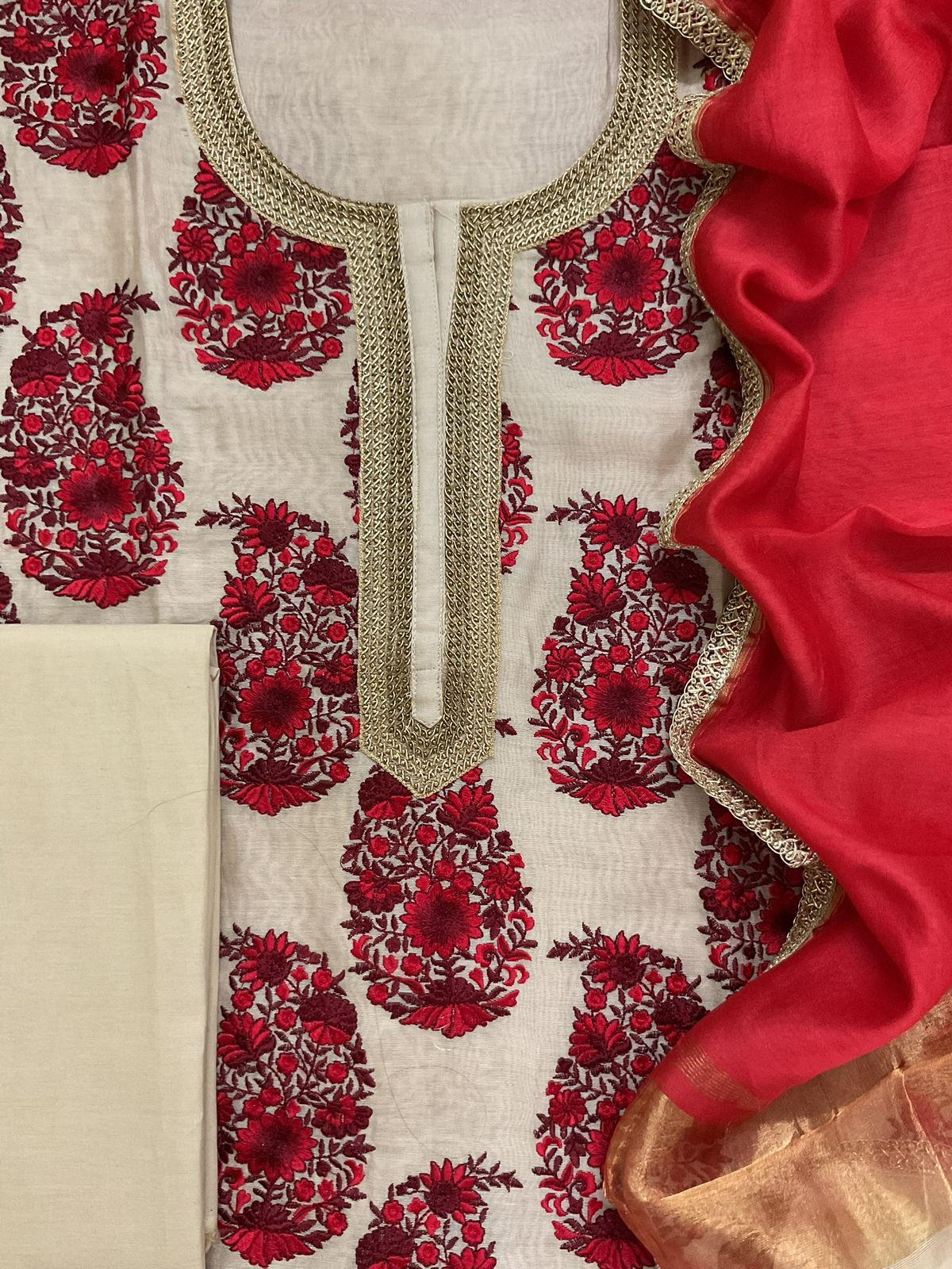 Pure Chanderi Embroidered Suit - Beige