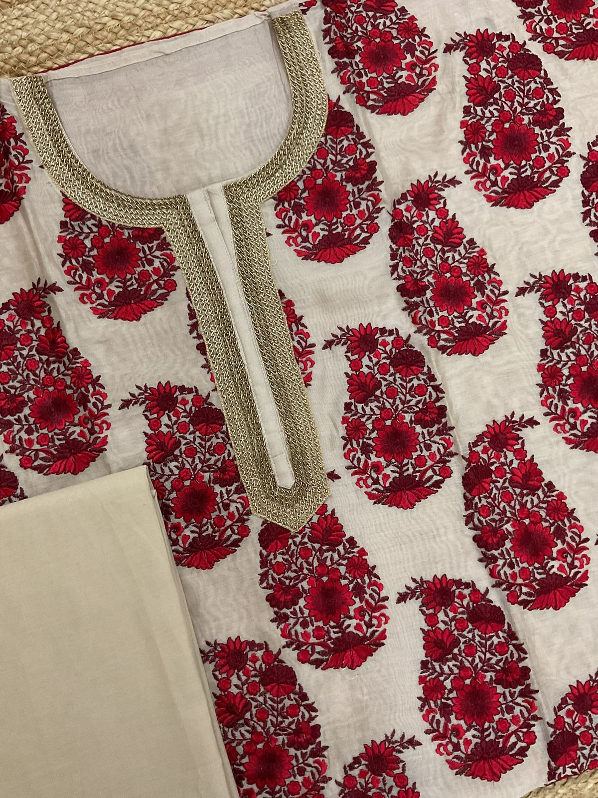 Pure Chanderi Embroidered Suit - Beige