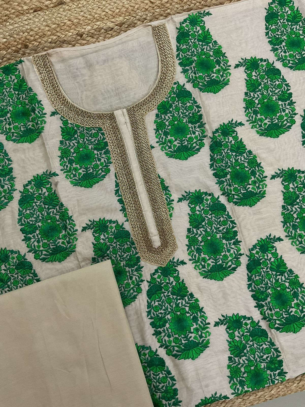 Pure Chanderi Embroidered Suit - Beige