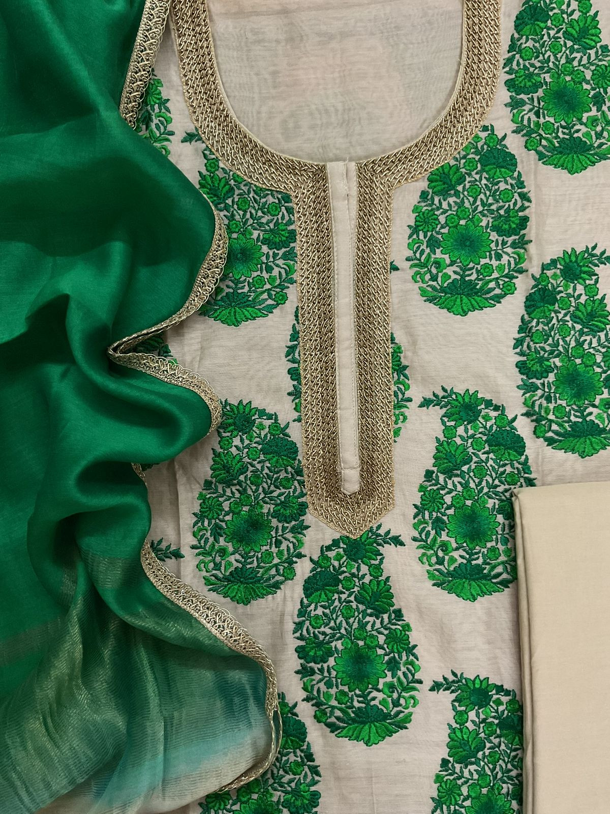 Pure Chanderi Embroidered Suit - Beige