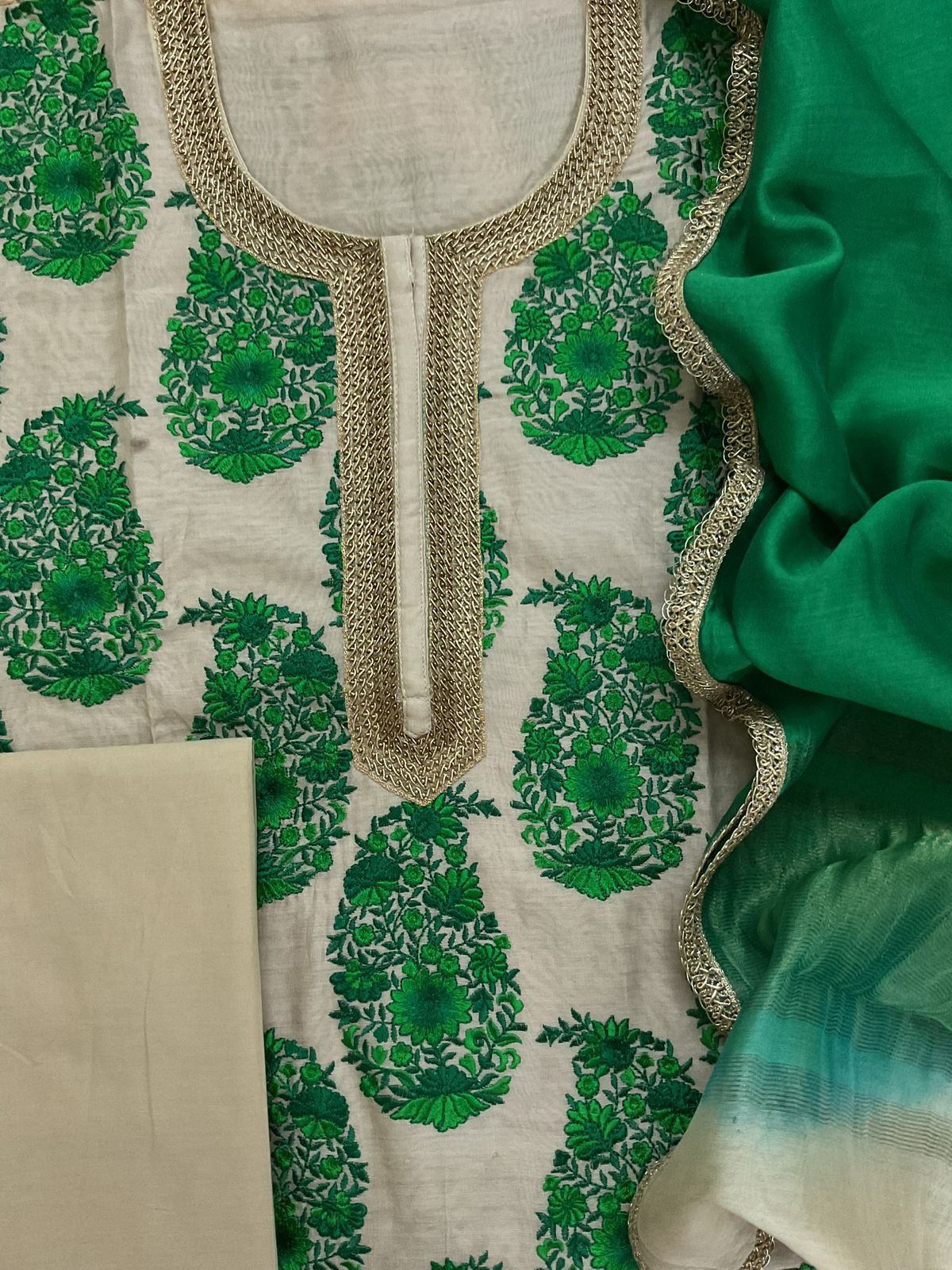 Pure Chanderi Embroidered Suit - Beige