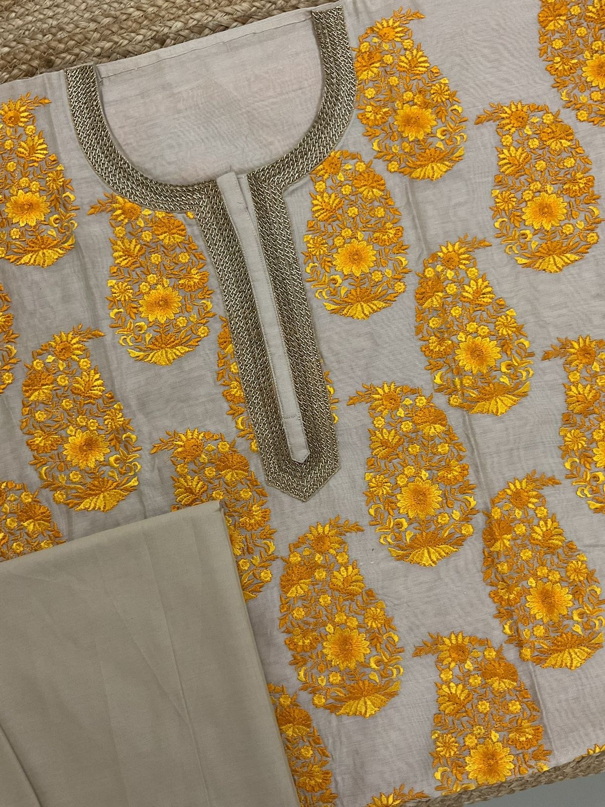 Pure Chanderi Embroidered Suit - Beige