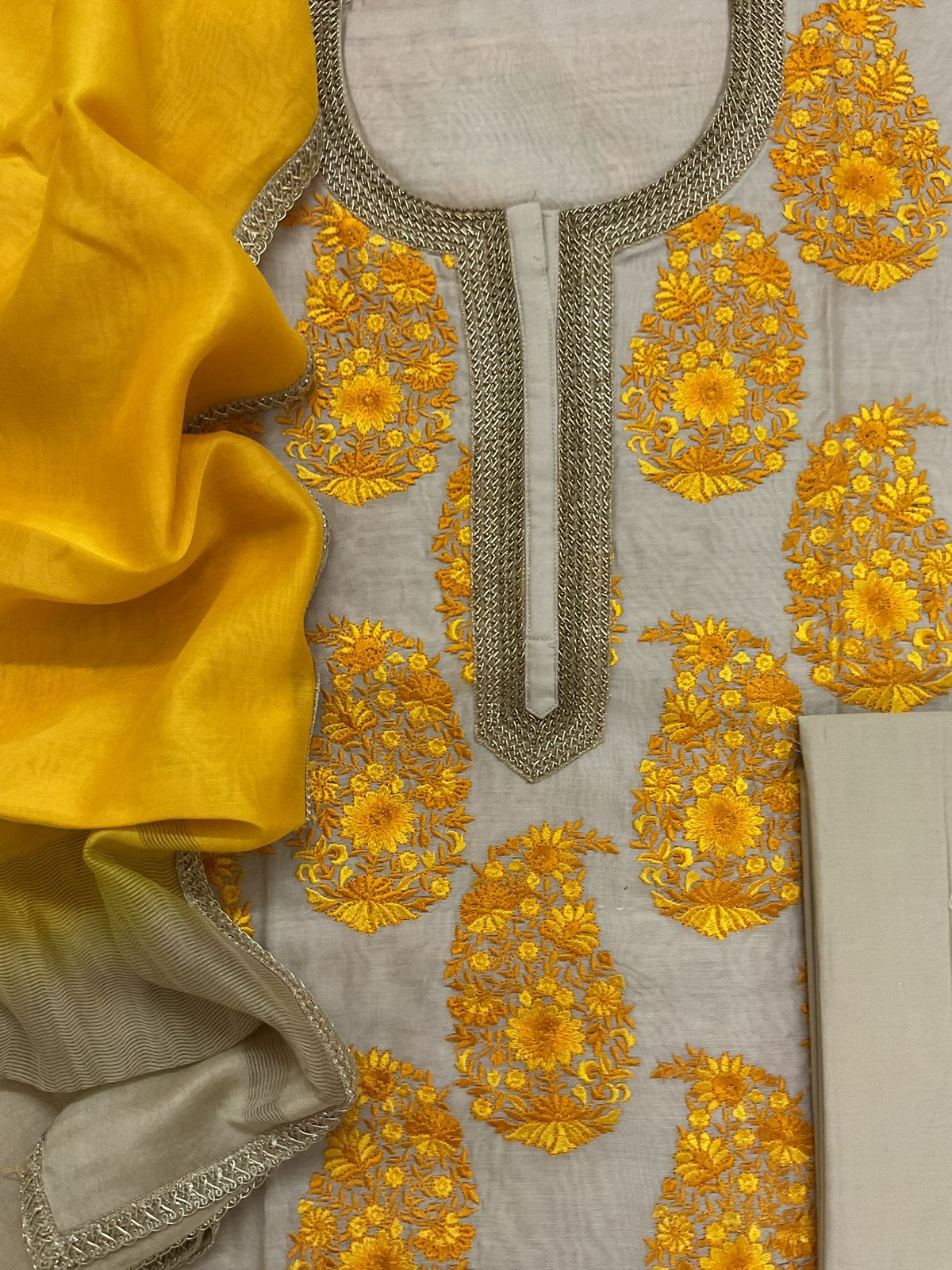 Pure Chanderi Embroidered Suit - Beige