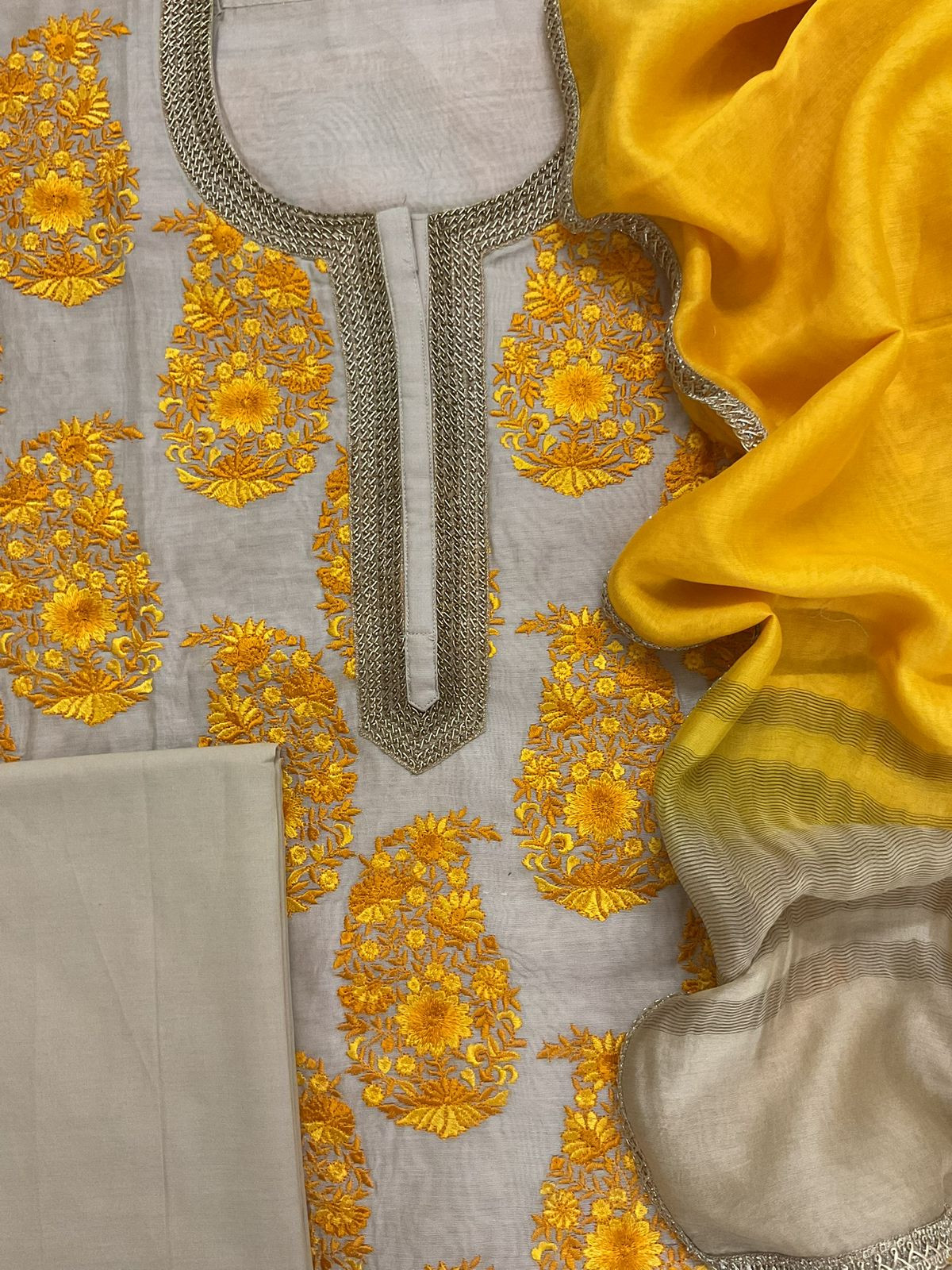 Pure Chanderi Embroidered Suit - Beige