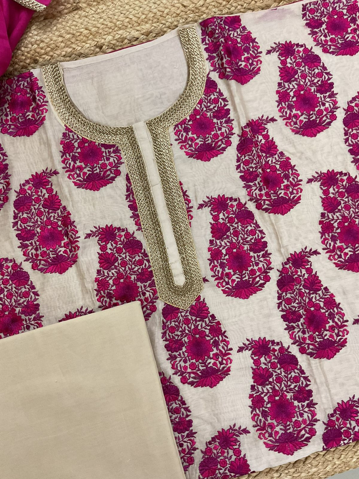 Pure Chanderi Embroidered Suit - Beige