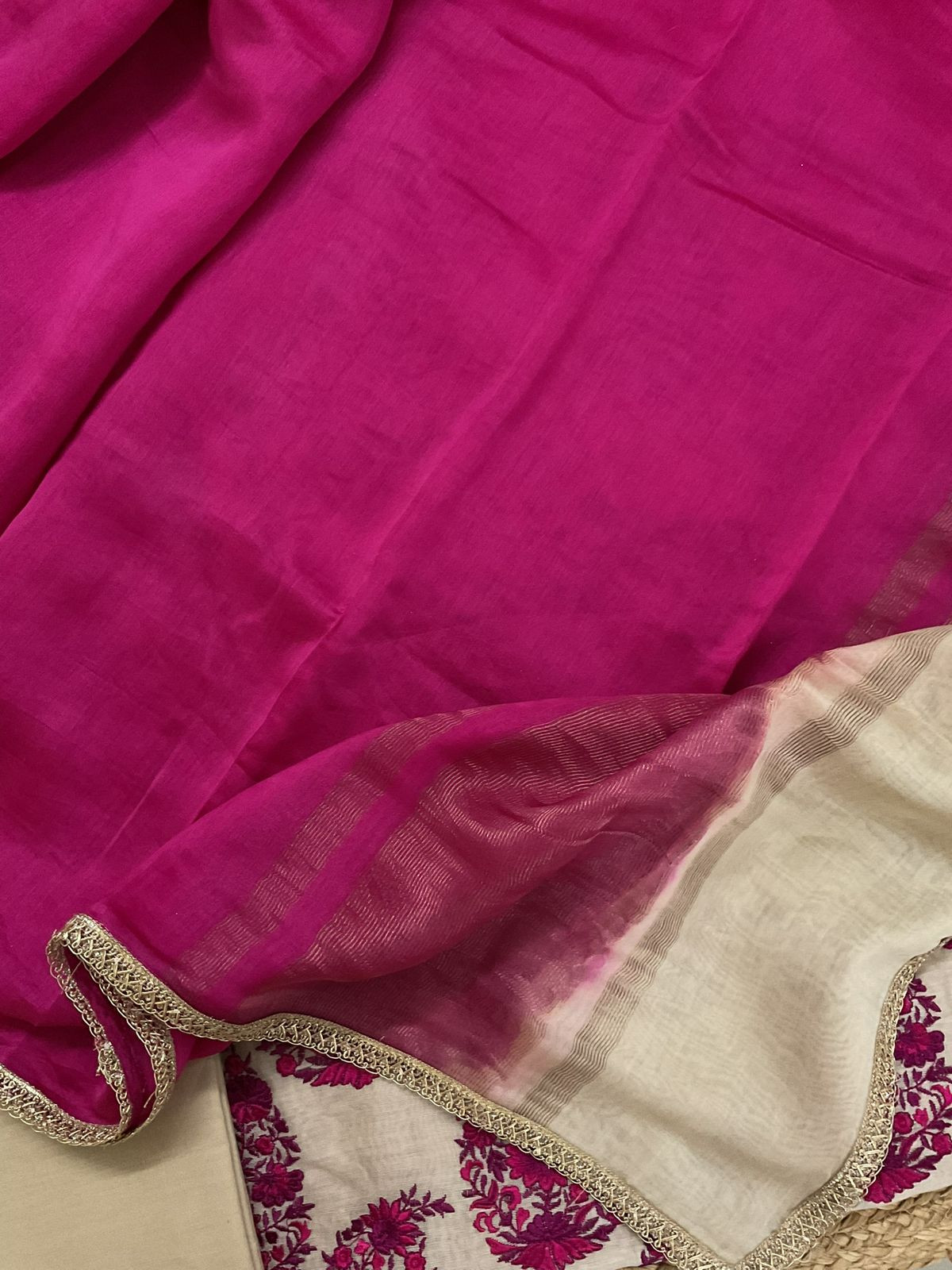 Pure Chanderi Embroidered Suit - Beige