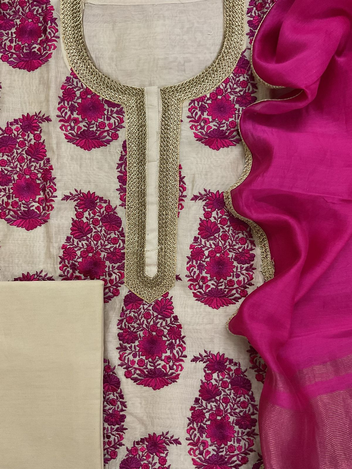 Pure Chanderi Embroidered Suit - Beige