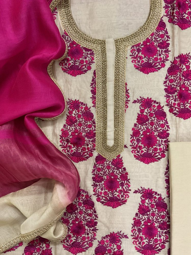 Image of Pure Chanderi Embroidered Suit - Beige
