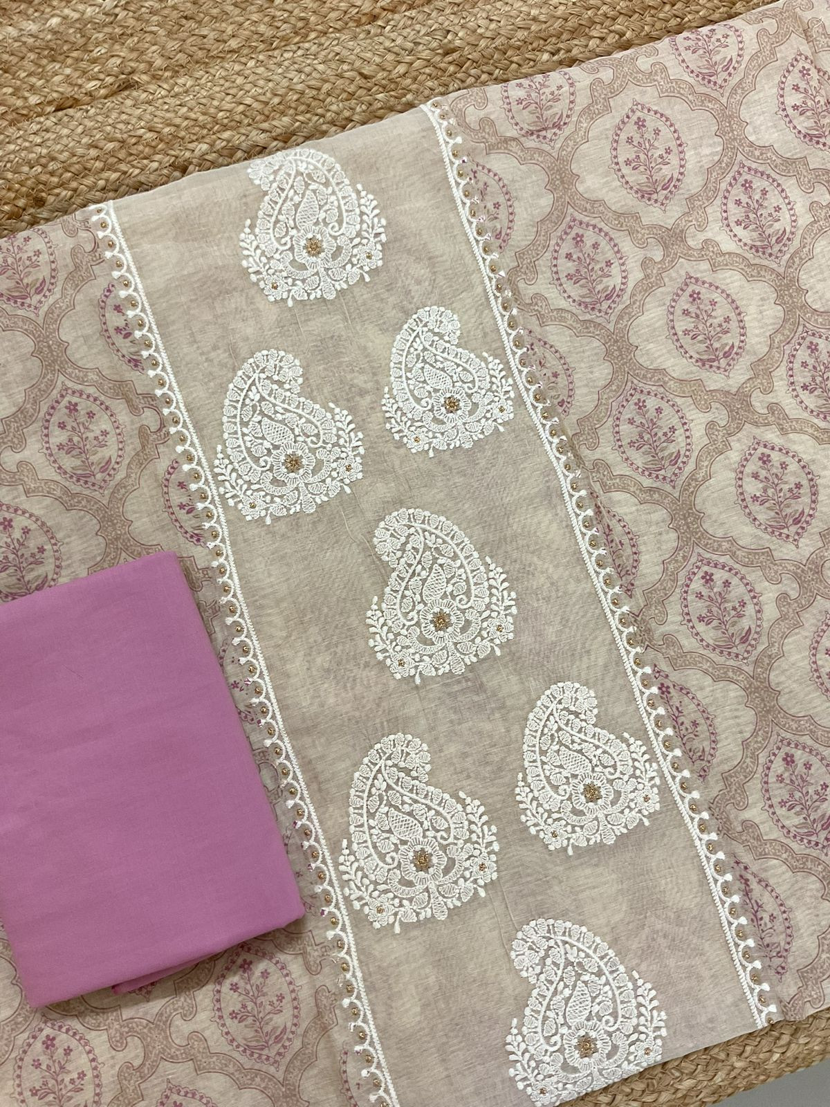 Soft Kora Chanderi Printed Embroidered Suit - Beige