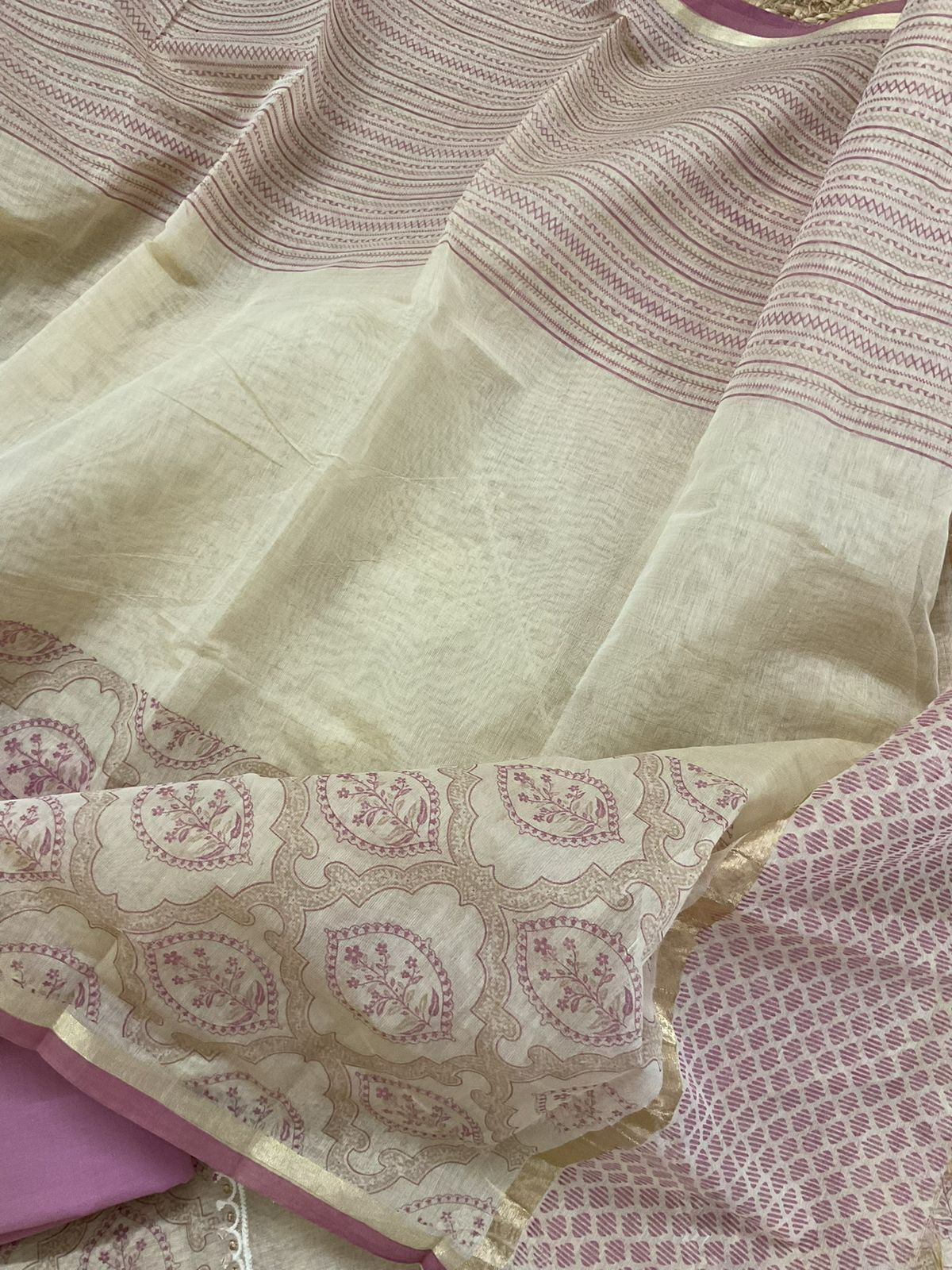 Soft Kora Chanderi Printed Embroidered Suit - Beige