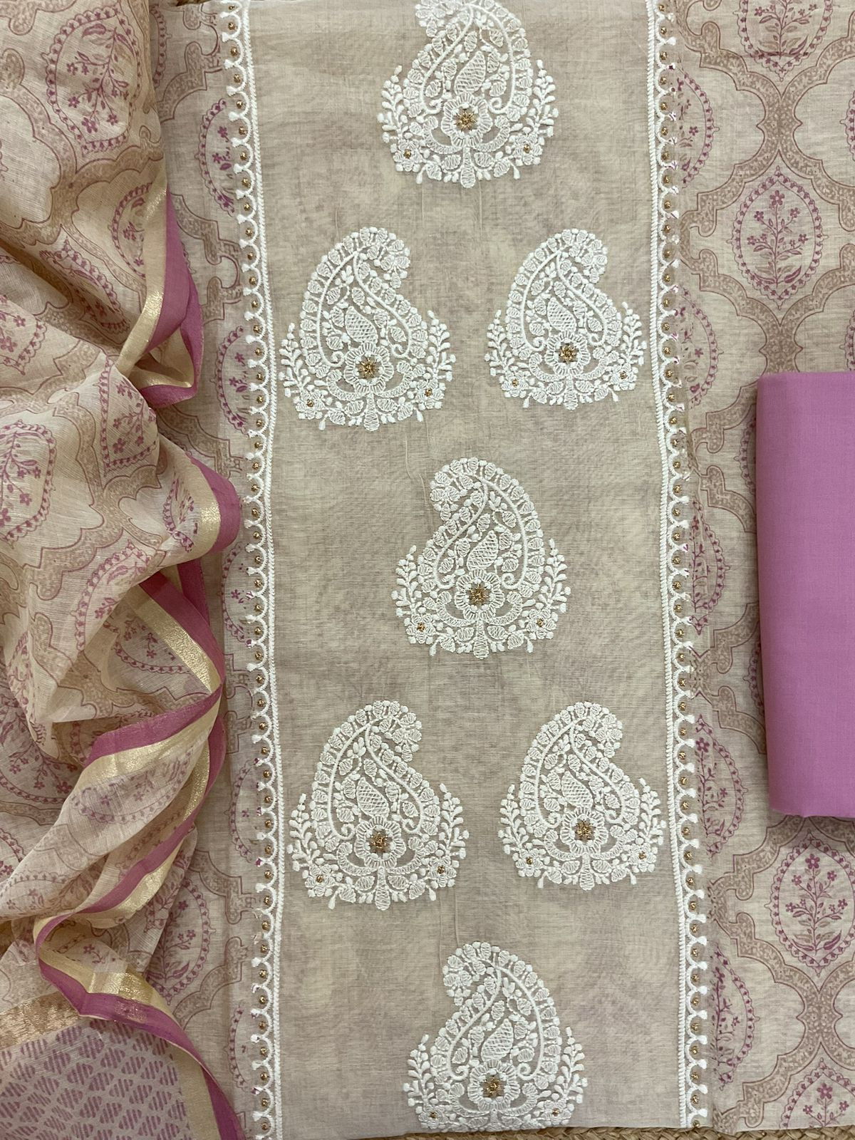 Soft Kora Chanderi Printed Embroidered Suit - Beige