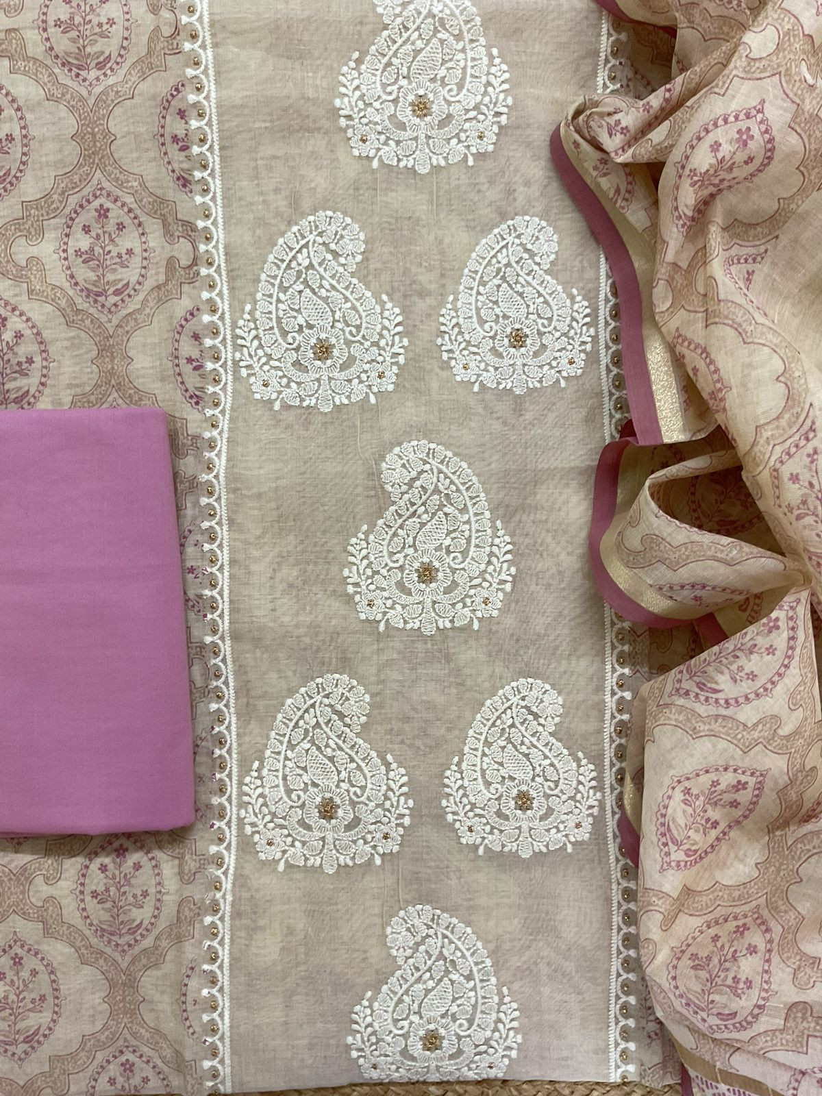 Soft Kora Chanderi Printed Embroidered Suit - Beige