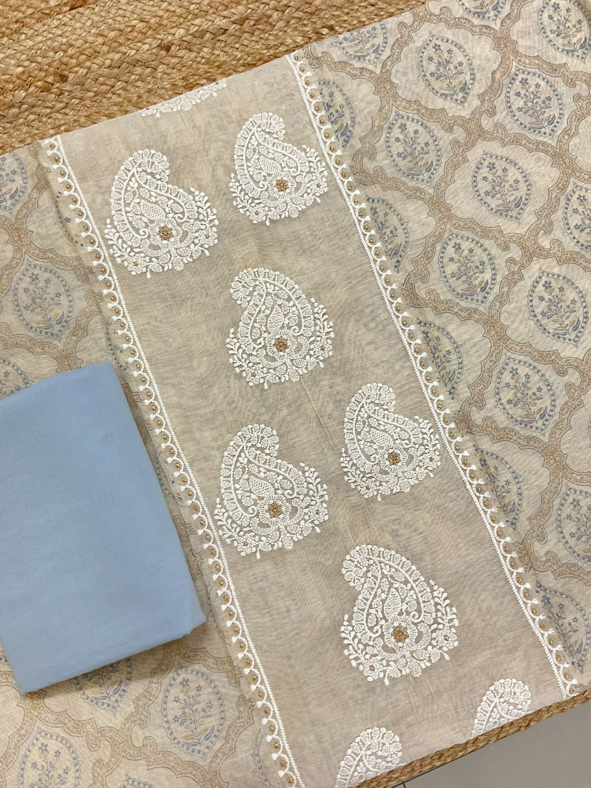 Soft Kora Chanderi Printed Embroidered Suit - Beige