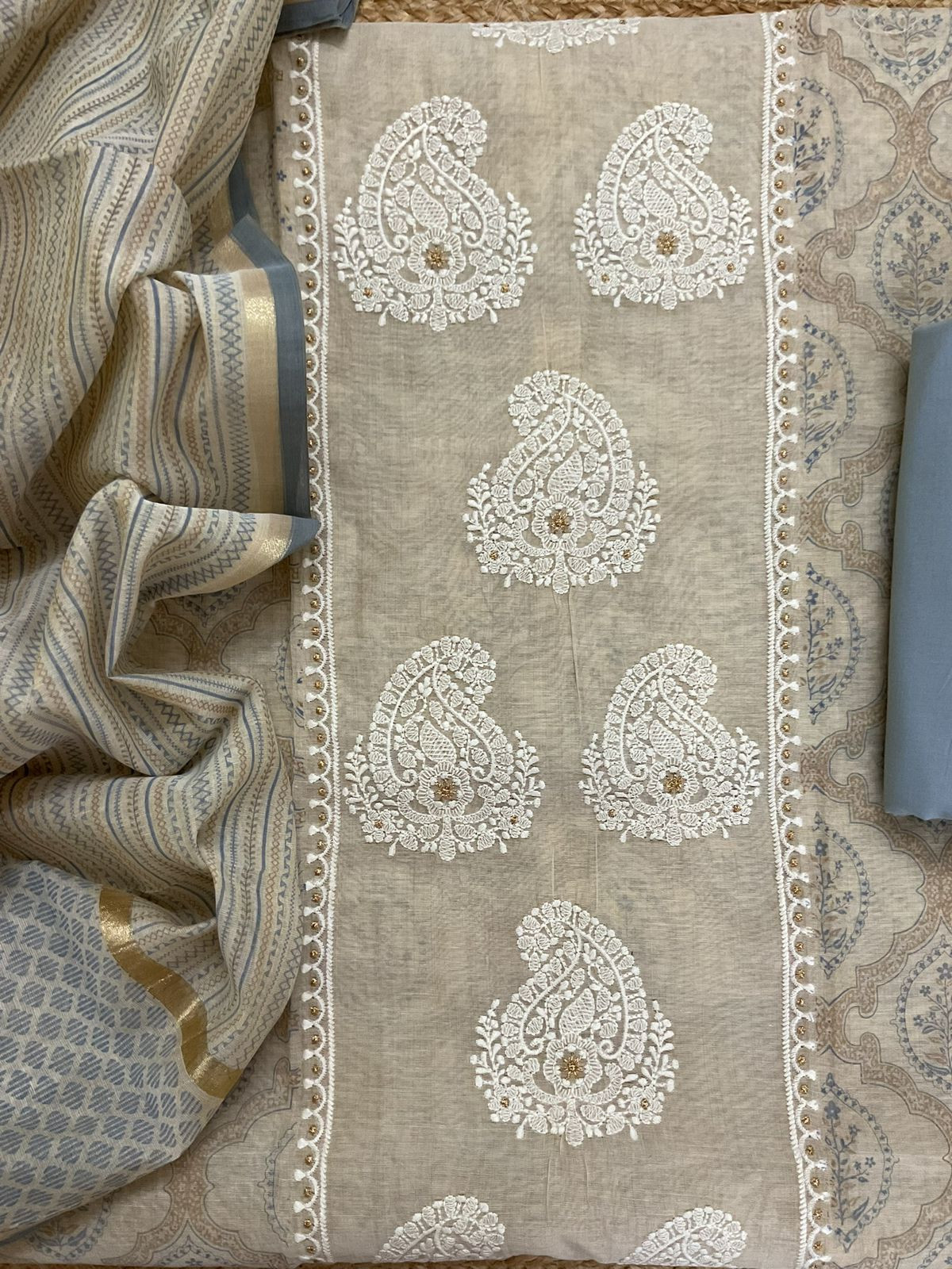 Soft Kora Chanderi Printed Embroidered Suit - Beige