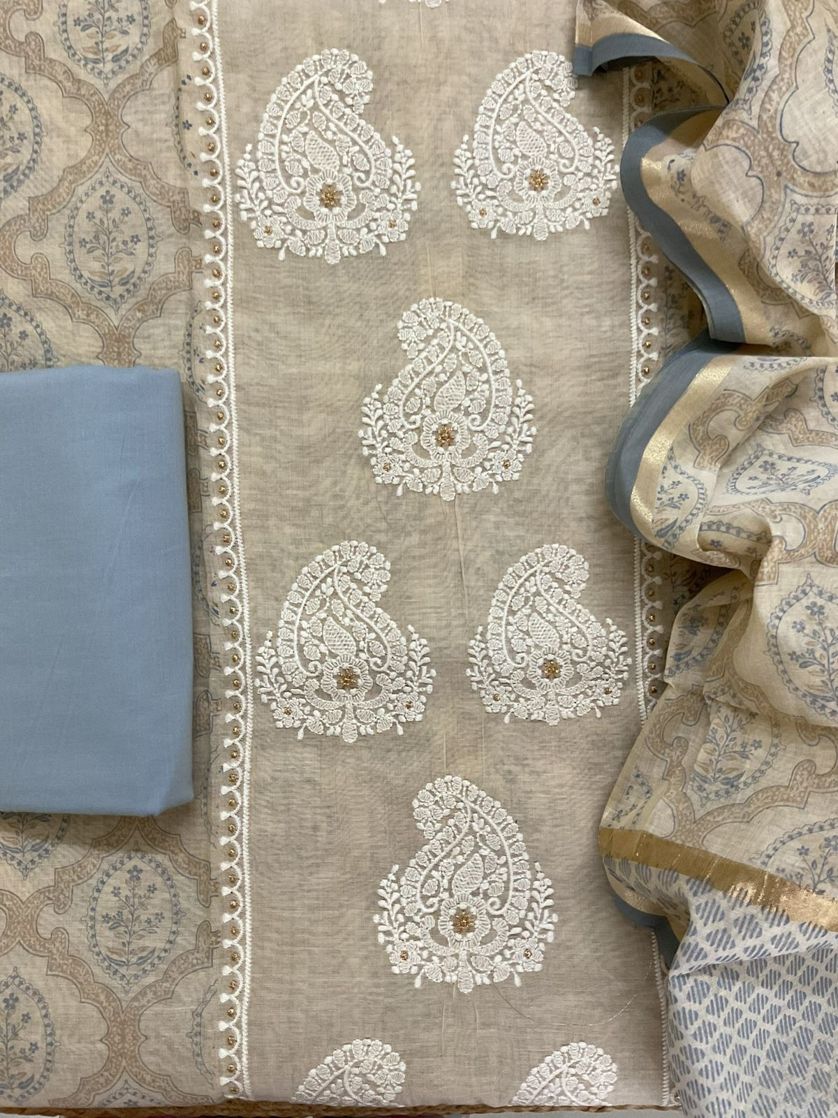 Soft Kora Chanderi Printed Embroidered Suit - Beige