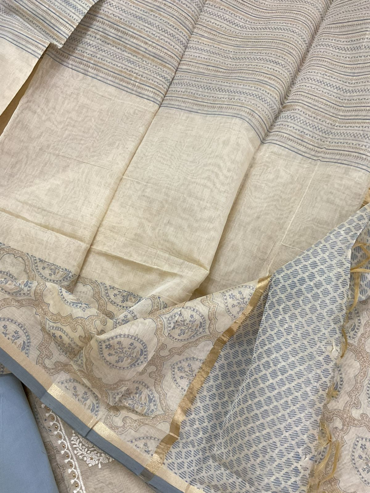 Soft Kora Chanderi Printed Embroidered Suit - Beige