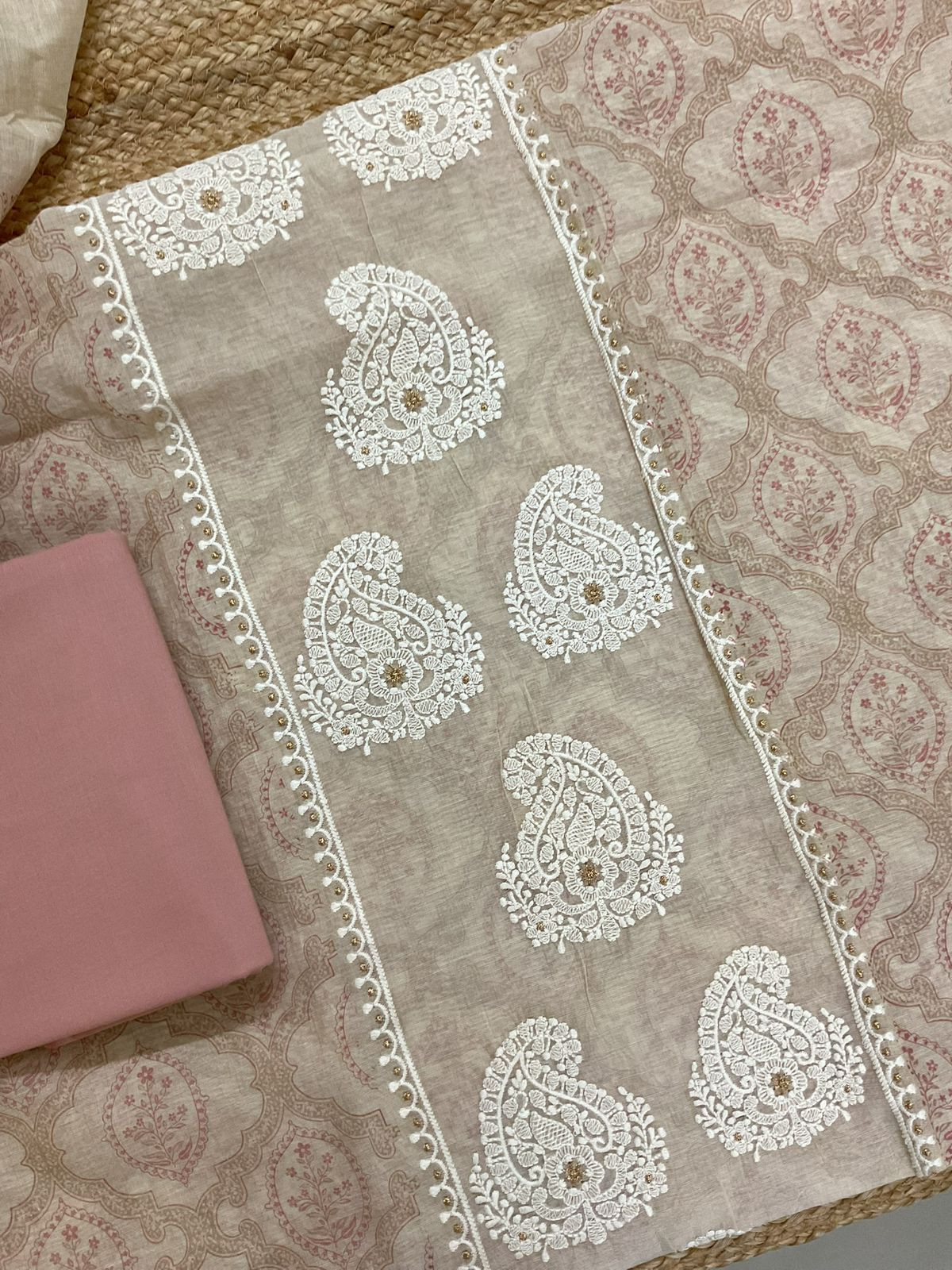 Soft Kora Chanderi Printed Embroidered Suit - Beige