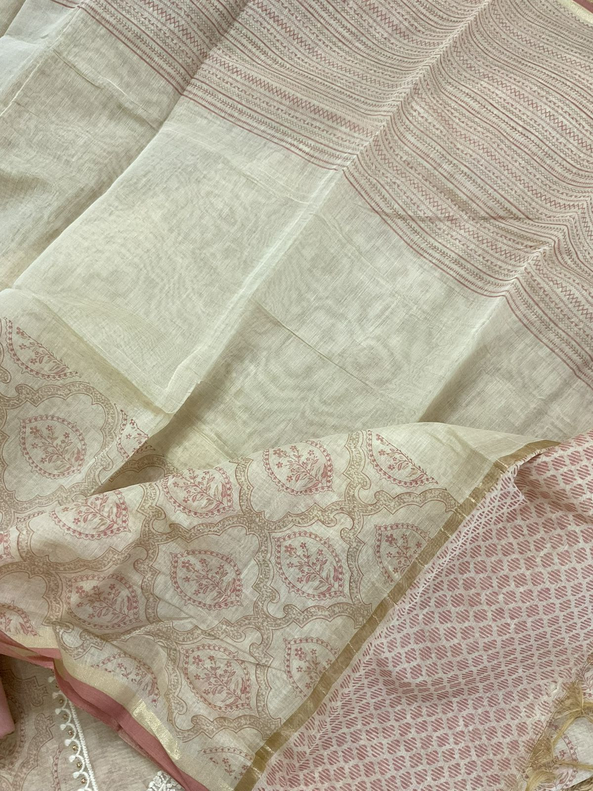 Soft Kora Chanderi Printed Embroidered Suit - Beige
