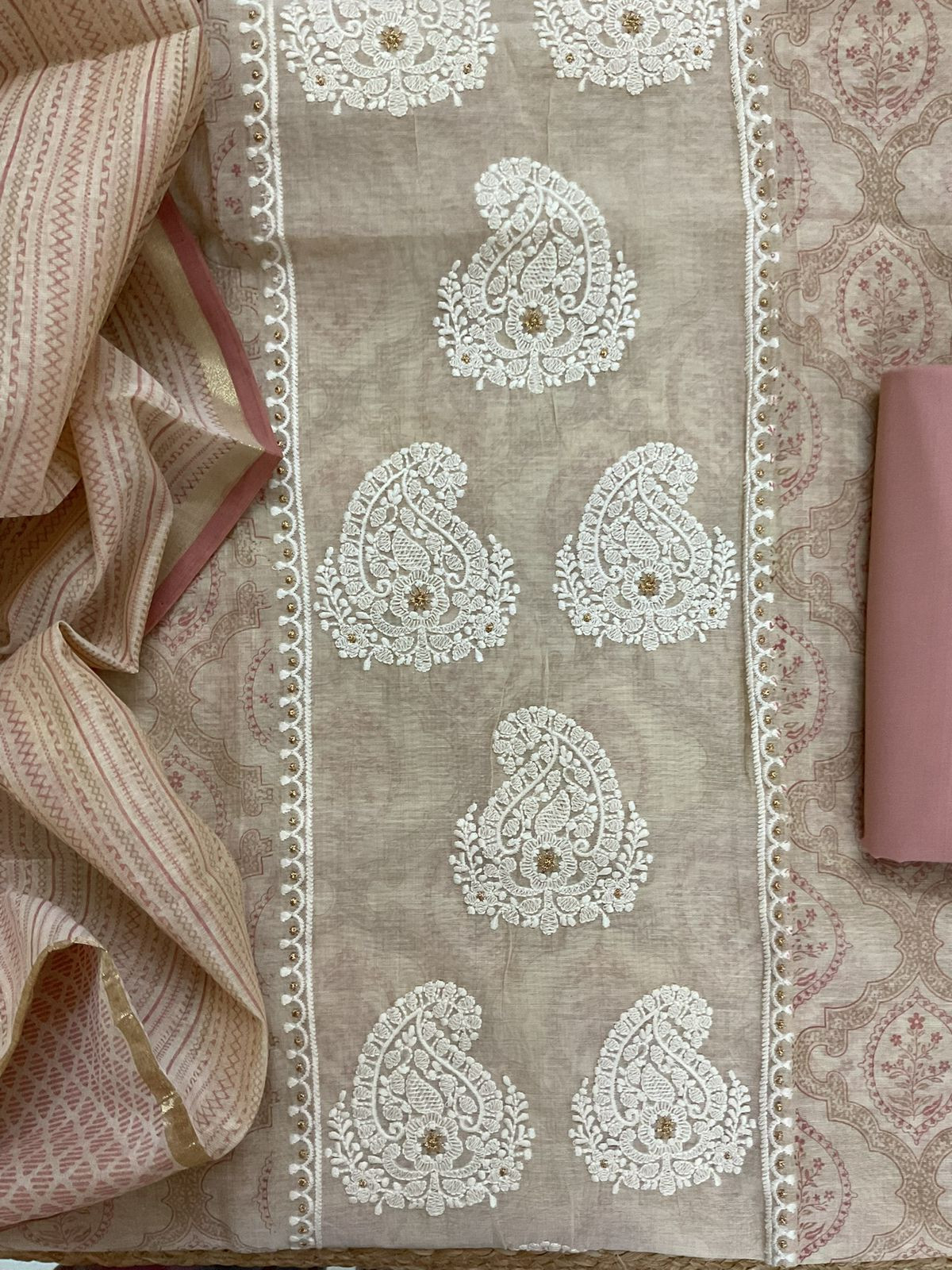 Soft Kora Chanderi Printed Embroidered Suit - Beige