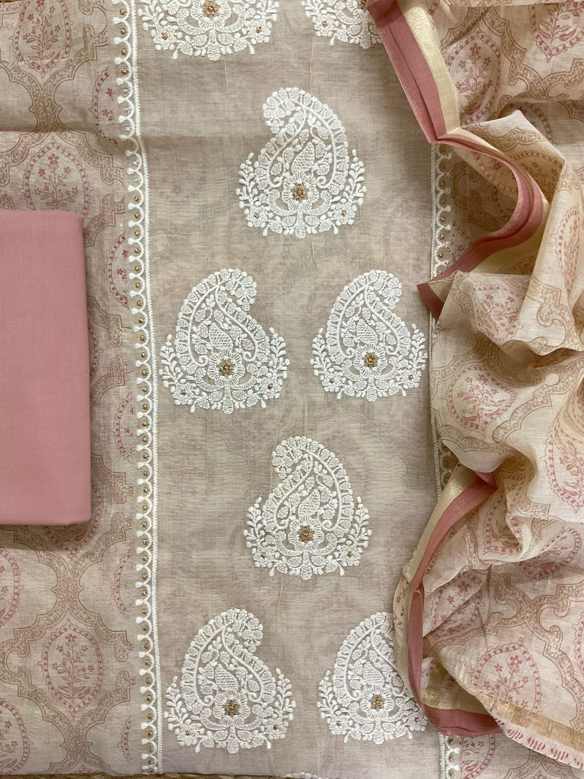 Soft Kora Chanderi Printed Embroidered Suit - Beige