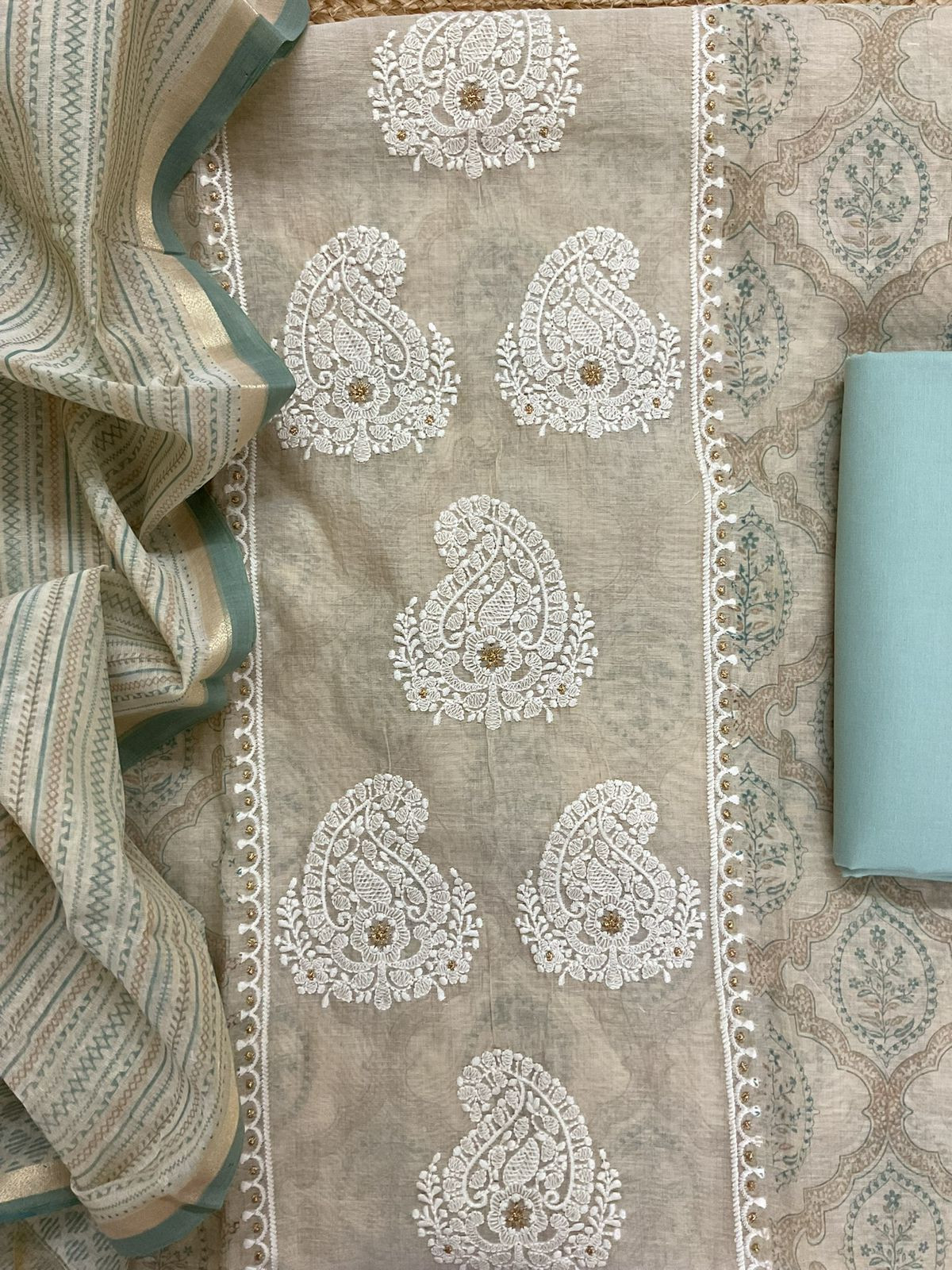 Soft Kora Chanderi Printed Embroidered Suit - Beige