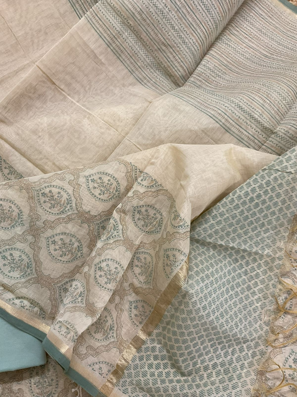 Soft Kora Chanderi Printed Embroidered Suit - Beige