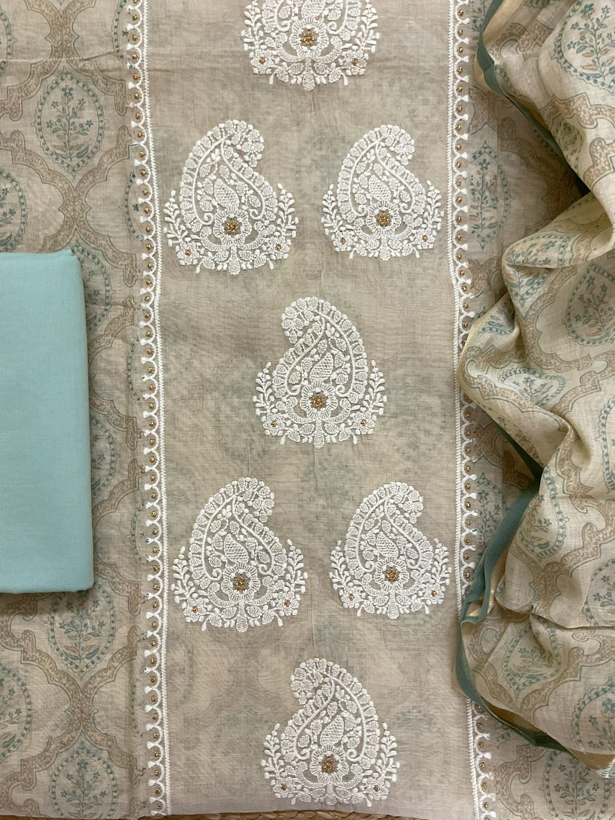 Soft Kora Chanderi Printed Embroidered Suit - Beige