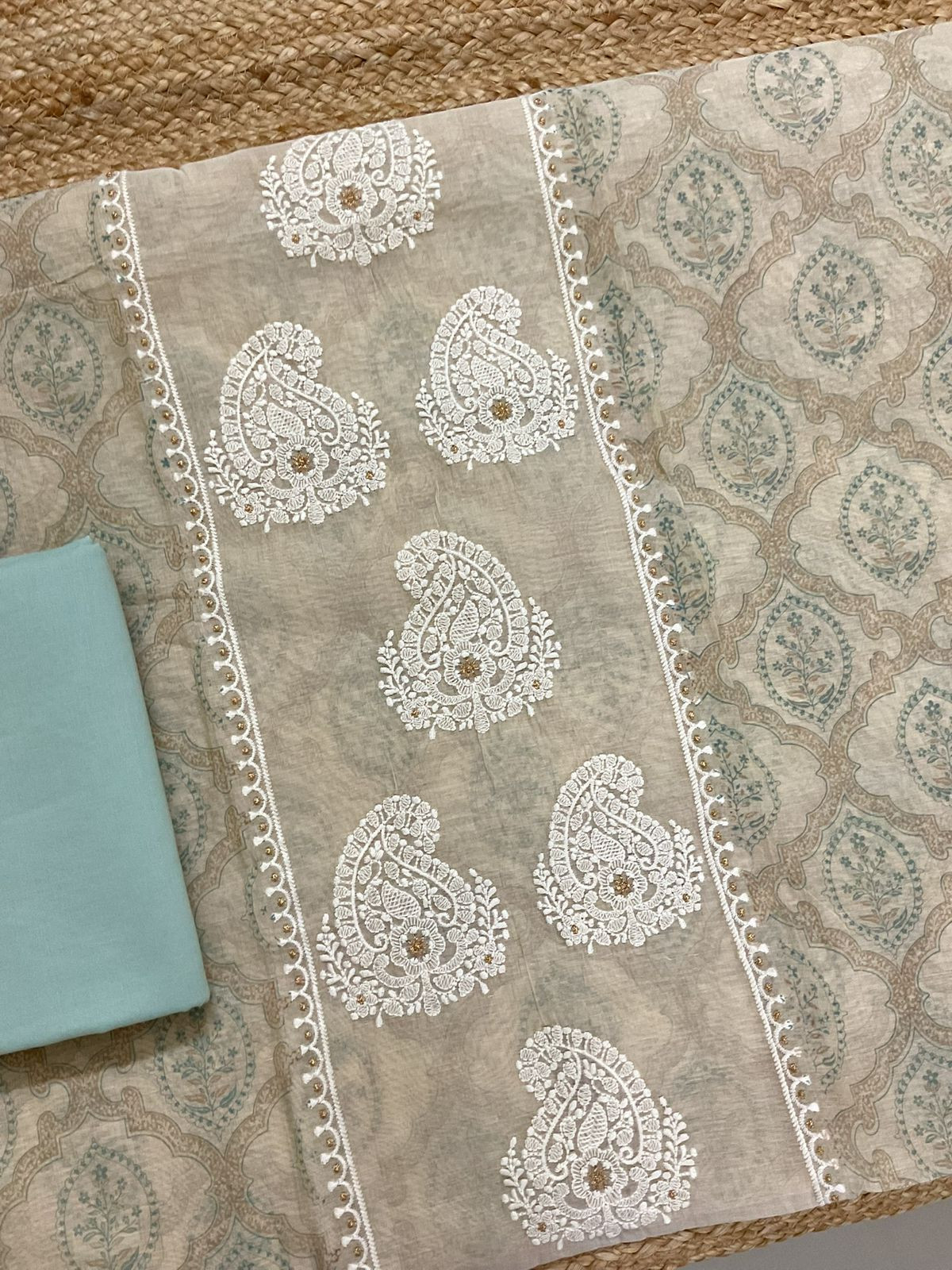 Soft Kora Chanderi Printed Embroidered Suit - Beige