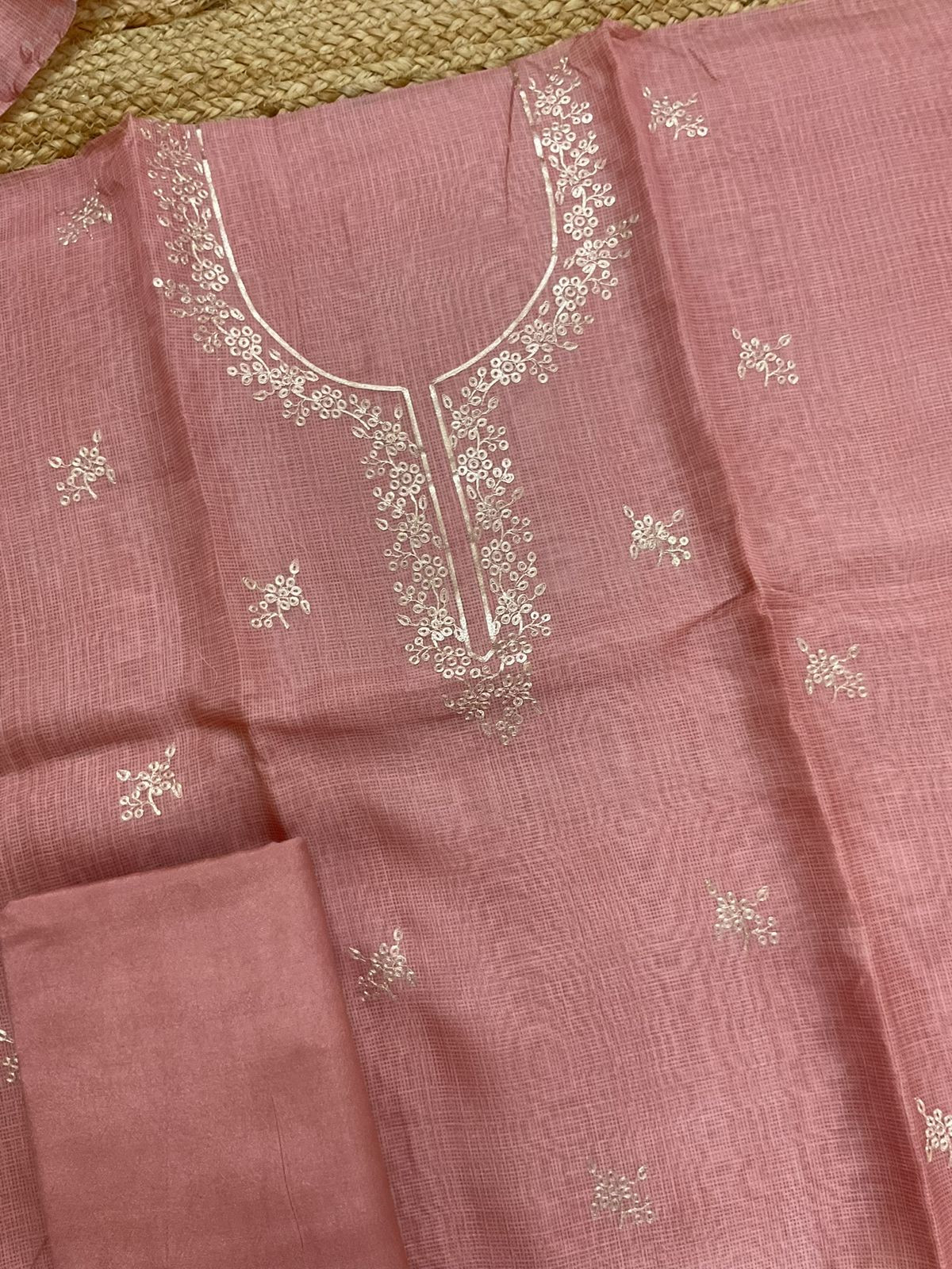 Soft Kota Silk Printed Embroidered Suit - Peach