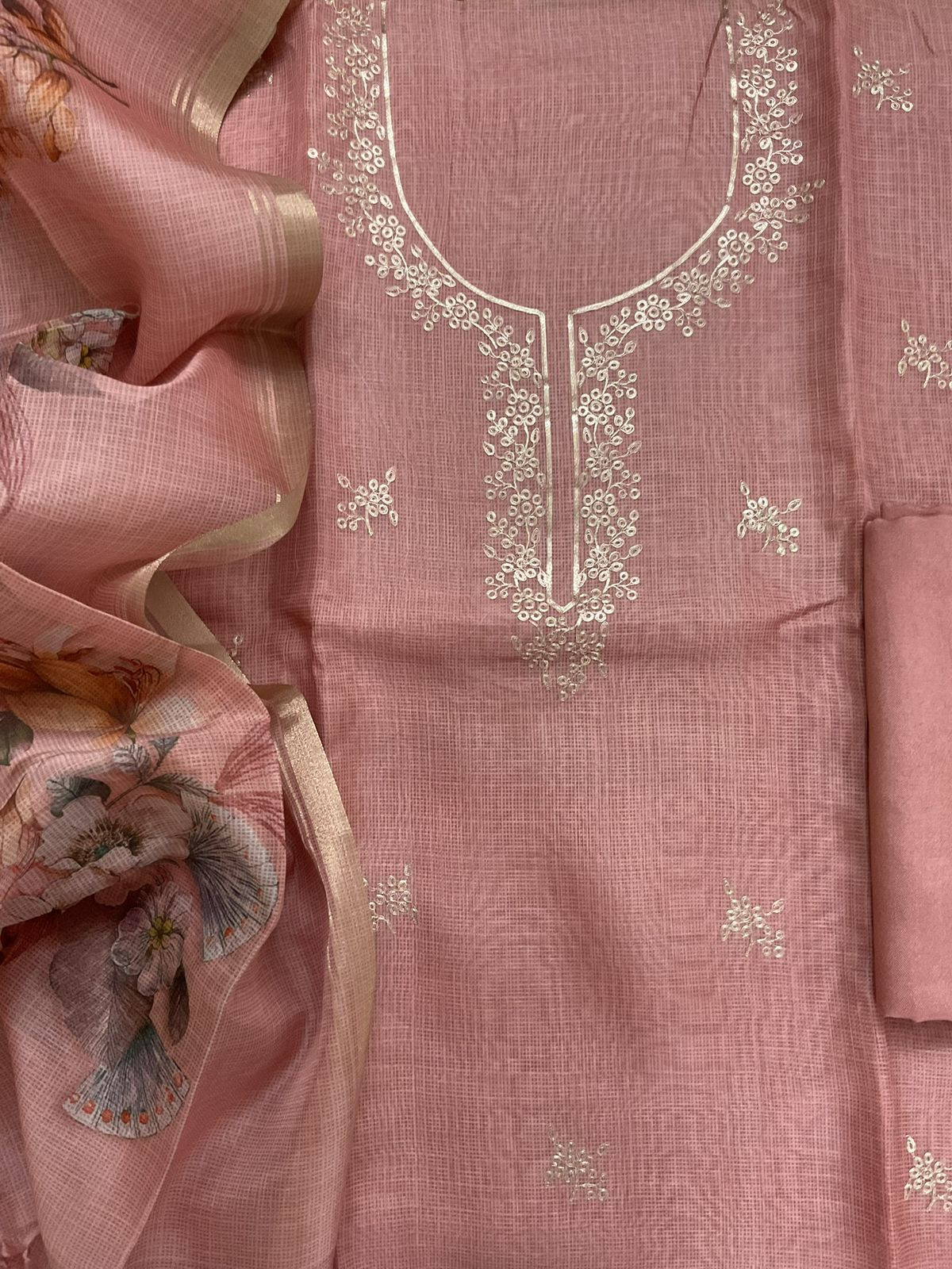 Soft Kota Silk Printed Embroidered Suit - Peach