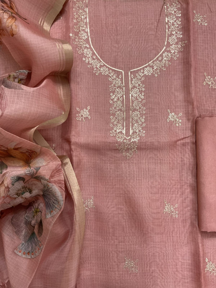 Image of Soft Kota Silk Printed Embroidered Suit - Peach