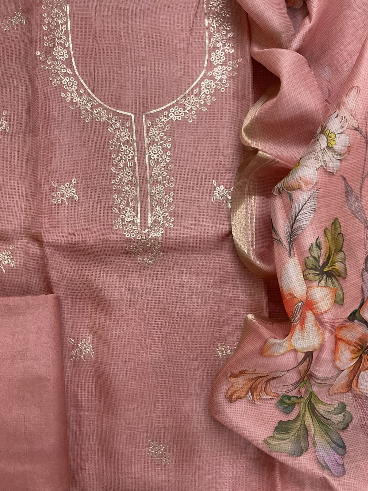 Soft Kota Silk Printed Embroidered Suit - Peach