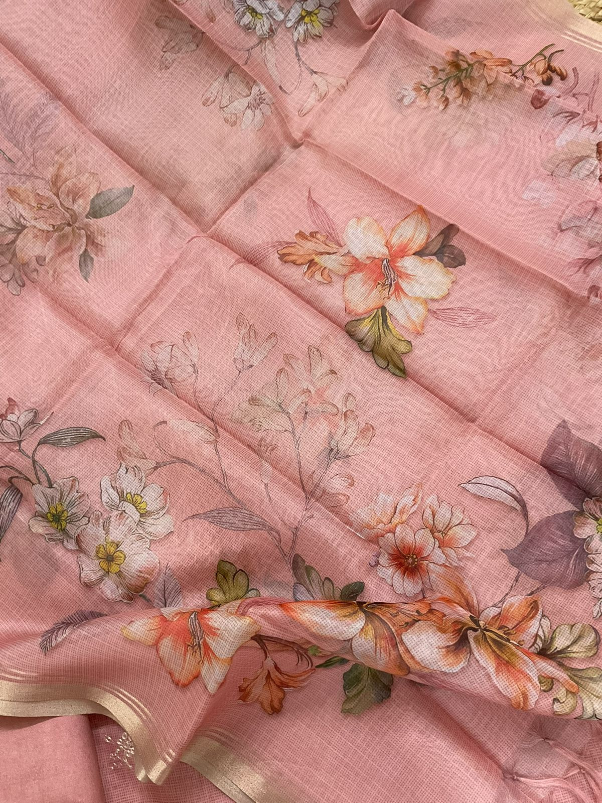 Soft Kota Silk Printed Embroidered Suit - Peach