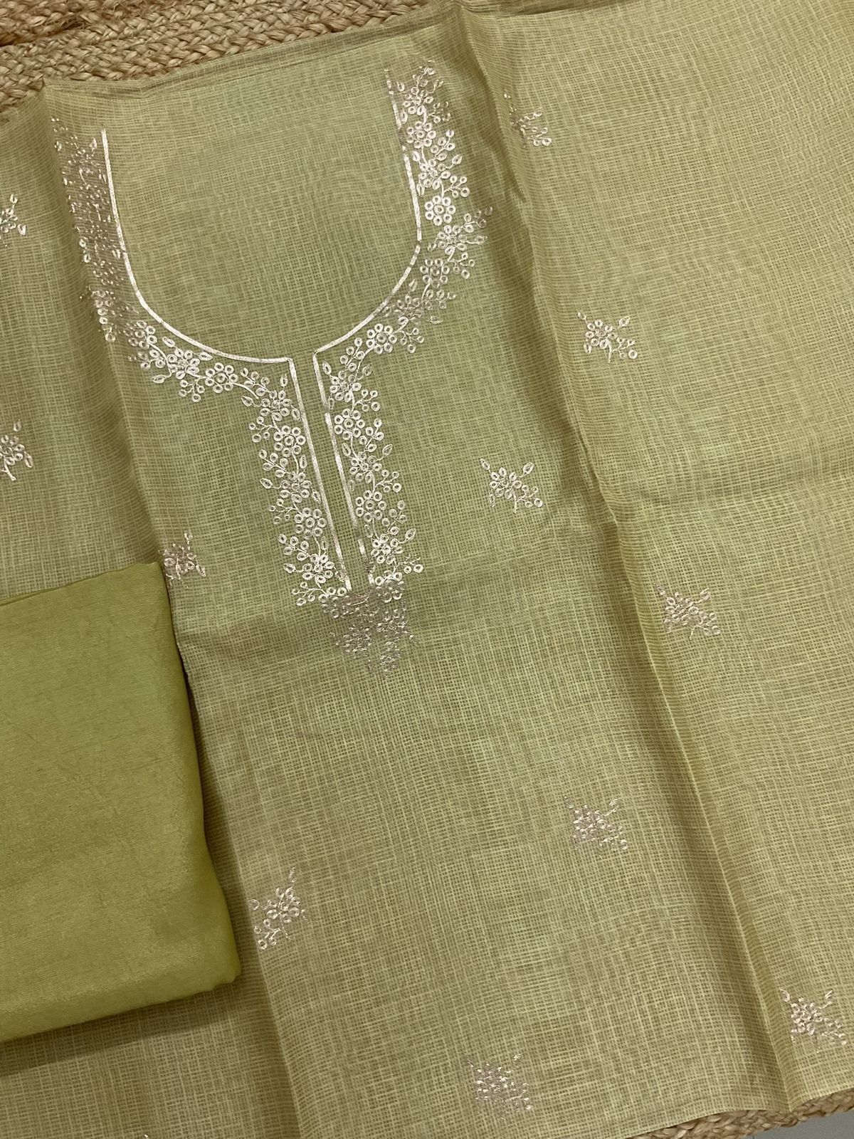 Soft Kota Silk Printed Embroidered Suit - Green