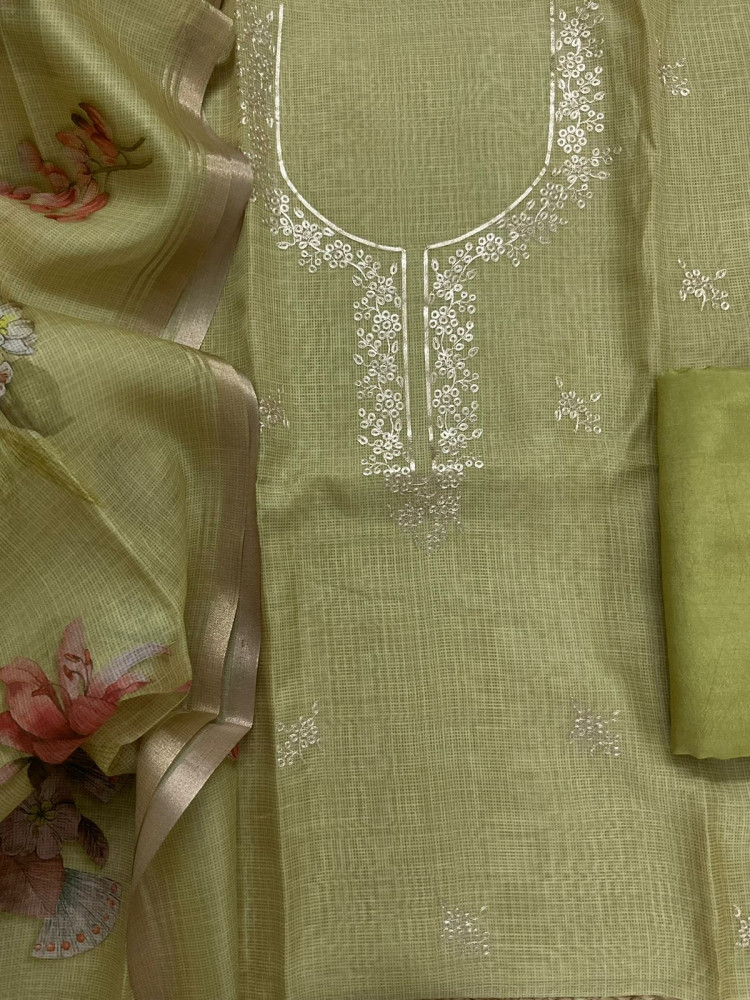 Image of Soft Kota Silk Printed Embroidered Suit - Green