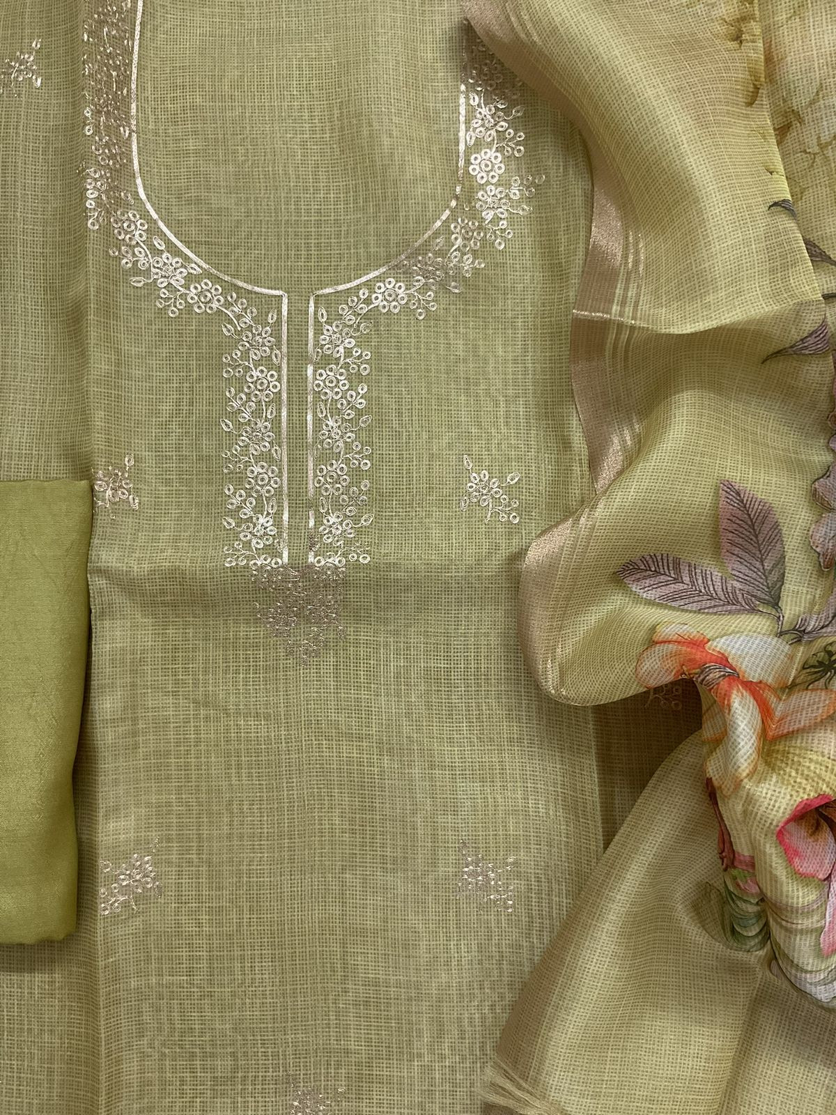 Soft Kota Silk Printed Embroidered Suit - Green