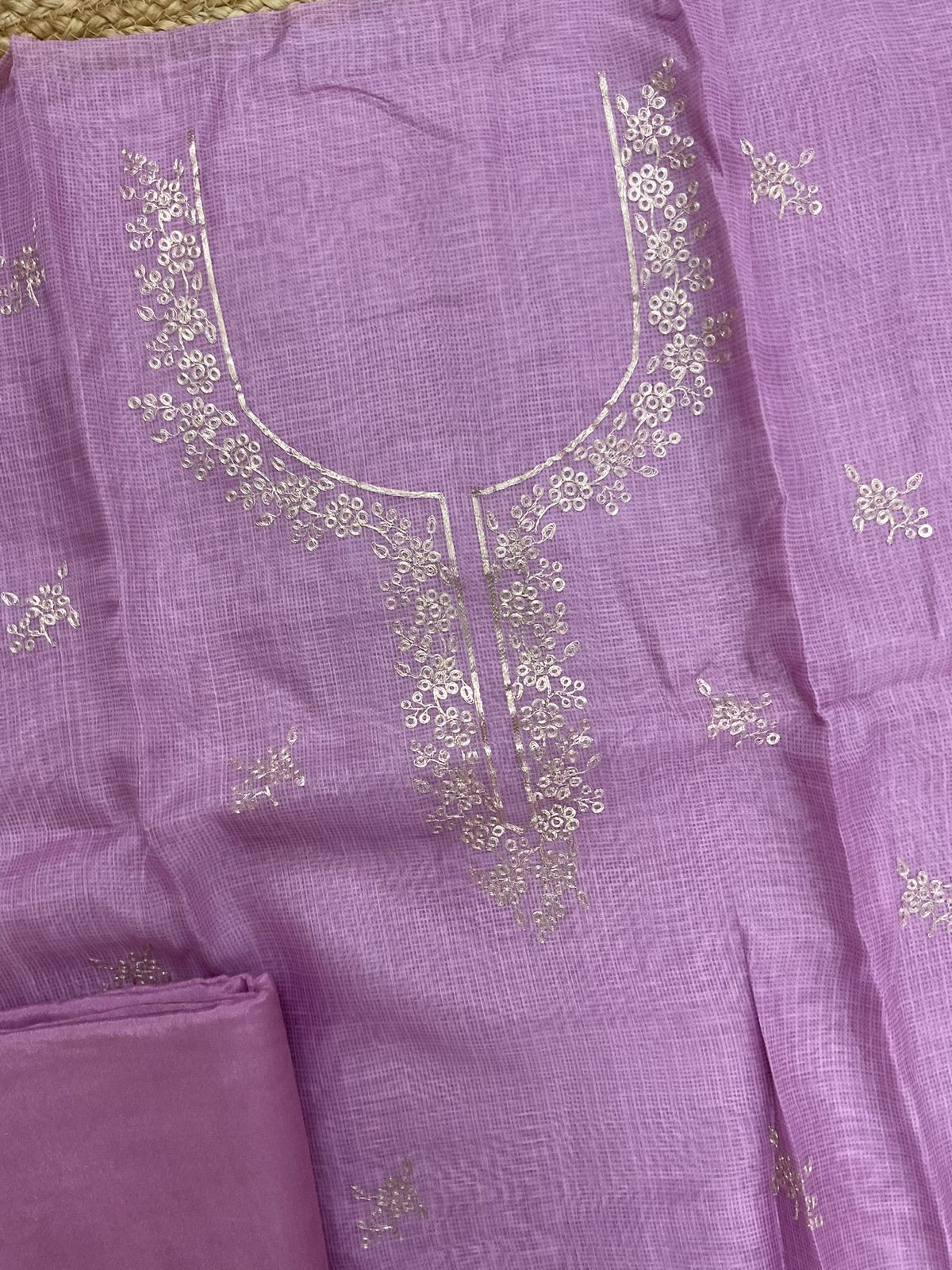 Soft Kota Silk Printed Embroidered Suit - Purple