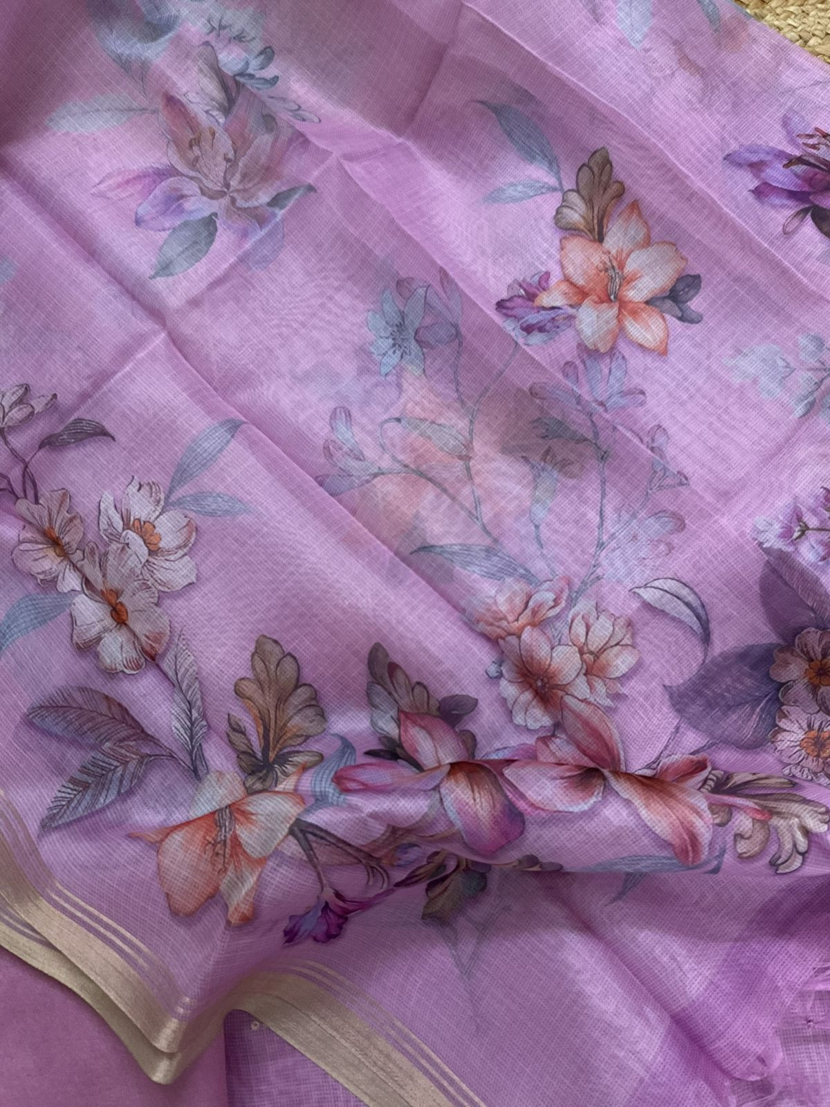Soft Kota Silk Printed Embroidered Suit - Purple