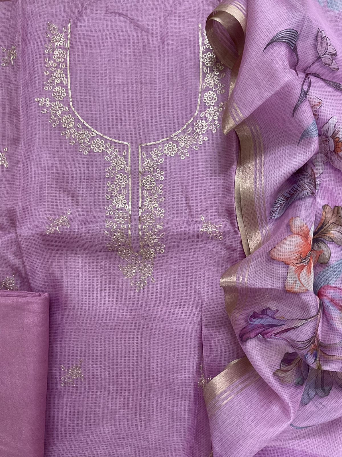 Soft Kota Silk Printed Embroidered Suit - Purple