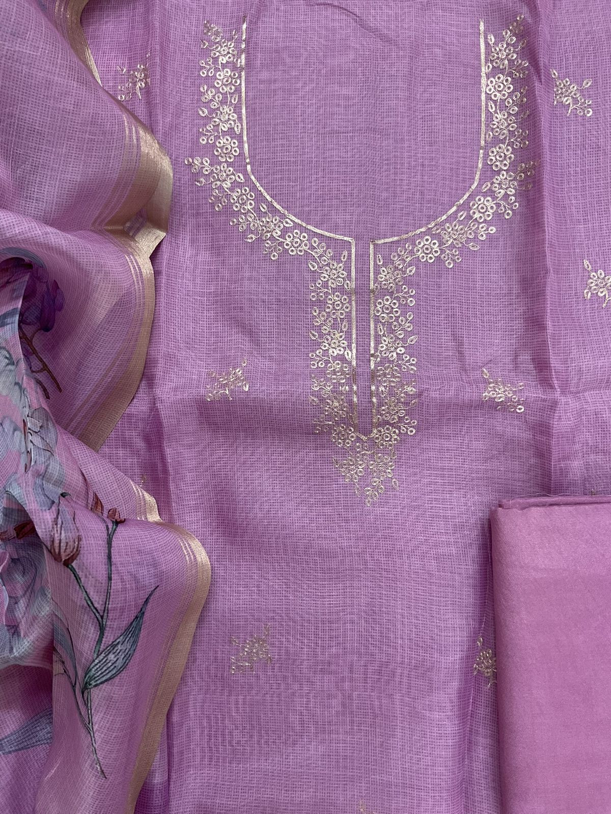 Soft Kota Silk Printed Embroidered Suit - Purple