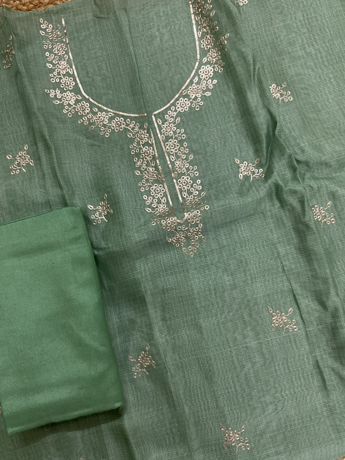 Soft Kota Silk Printed Embroidered Suit - Green