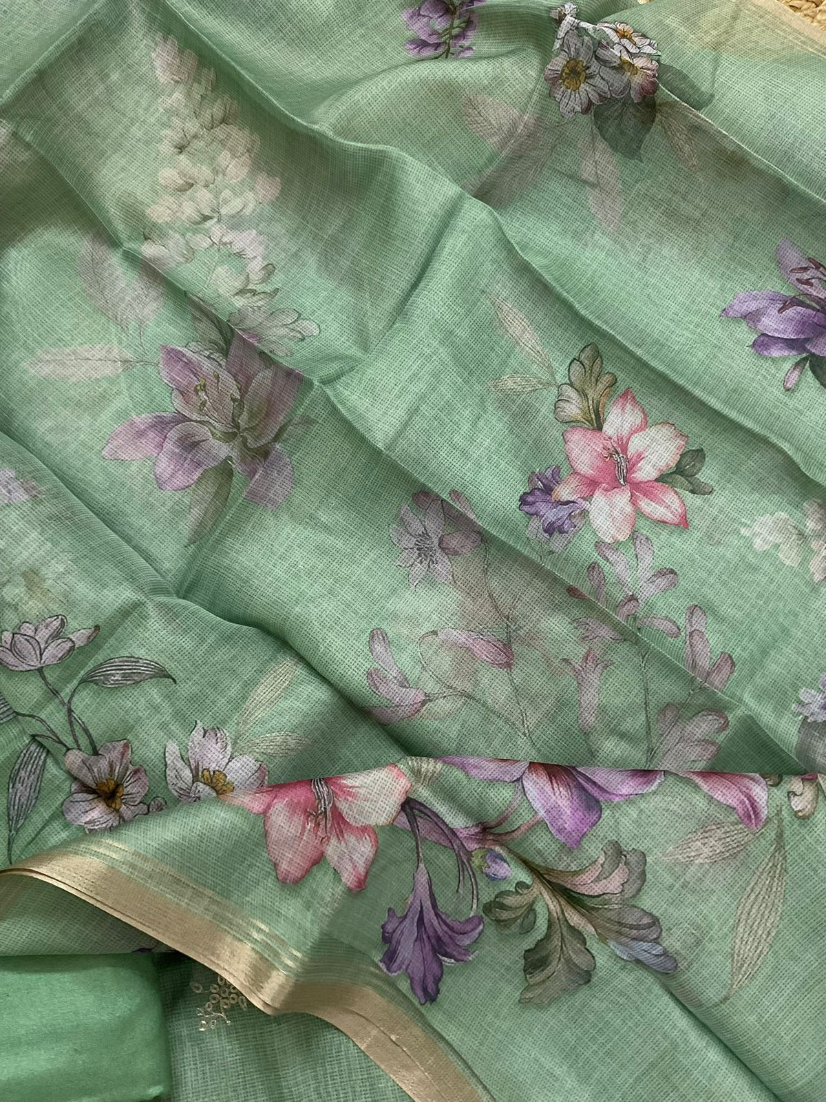 Soft Kota Silk Printed Embroidered Suit - Green