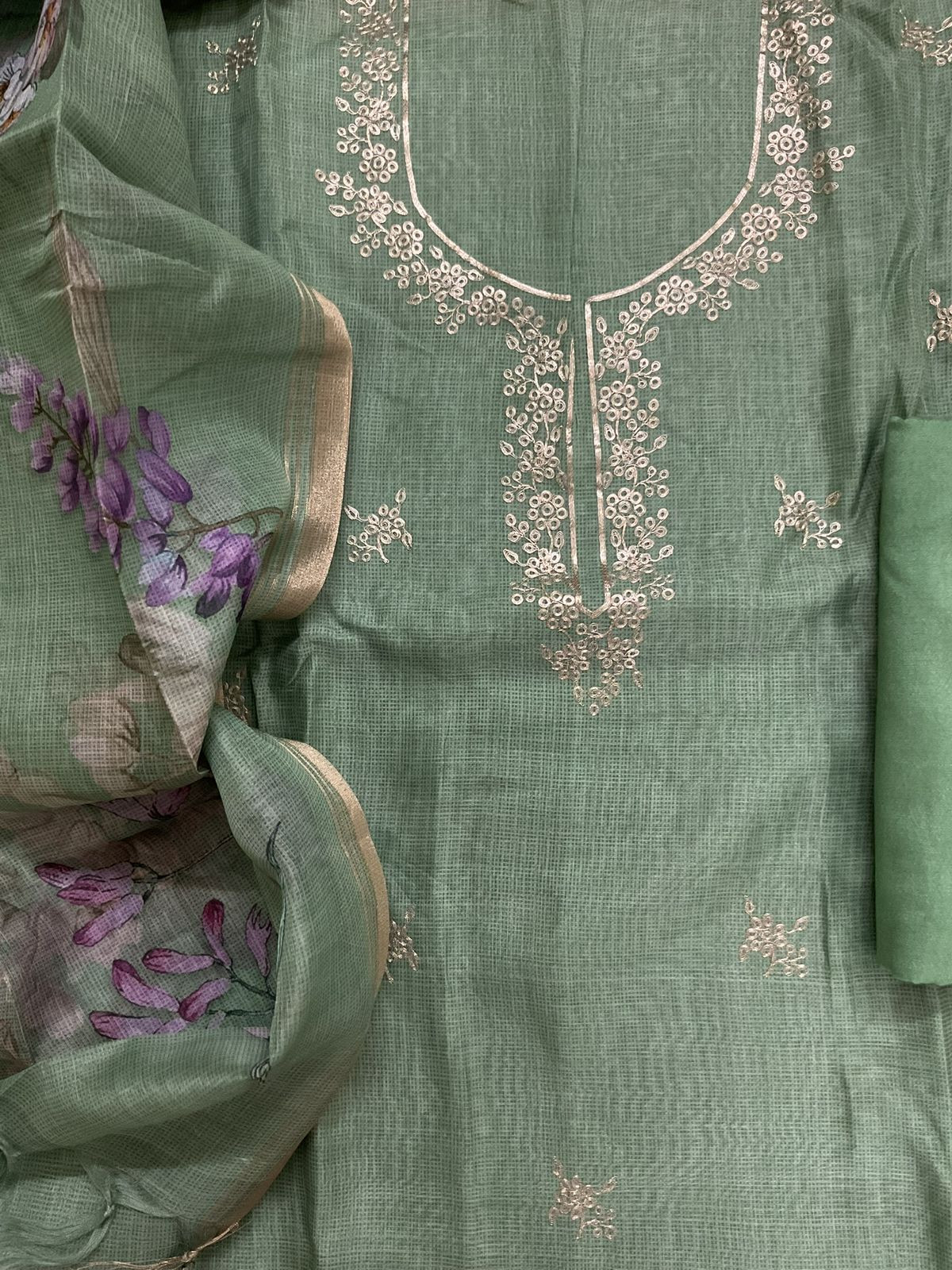 Soft Kota Silk Printed Embroidered Suit - Green