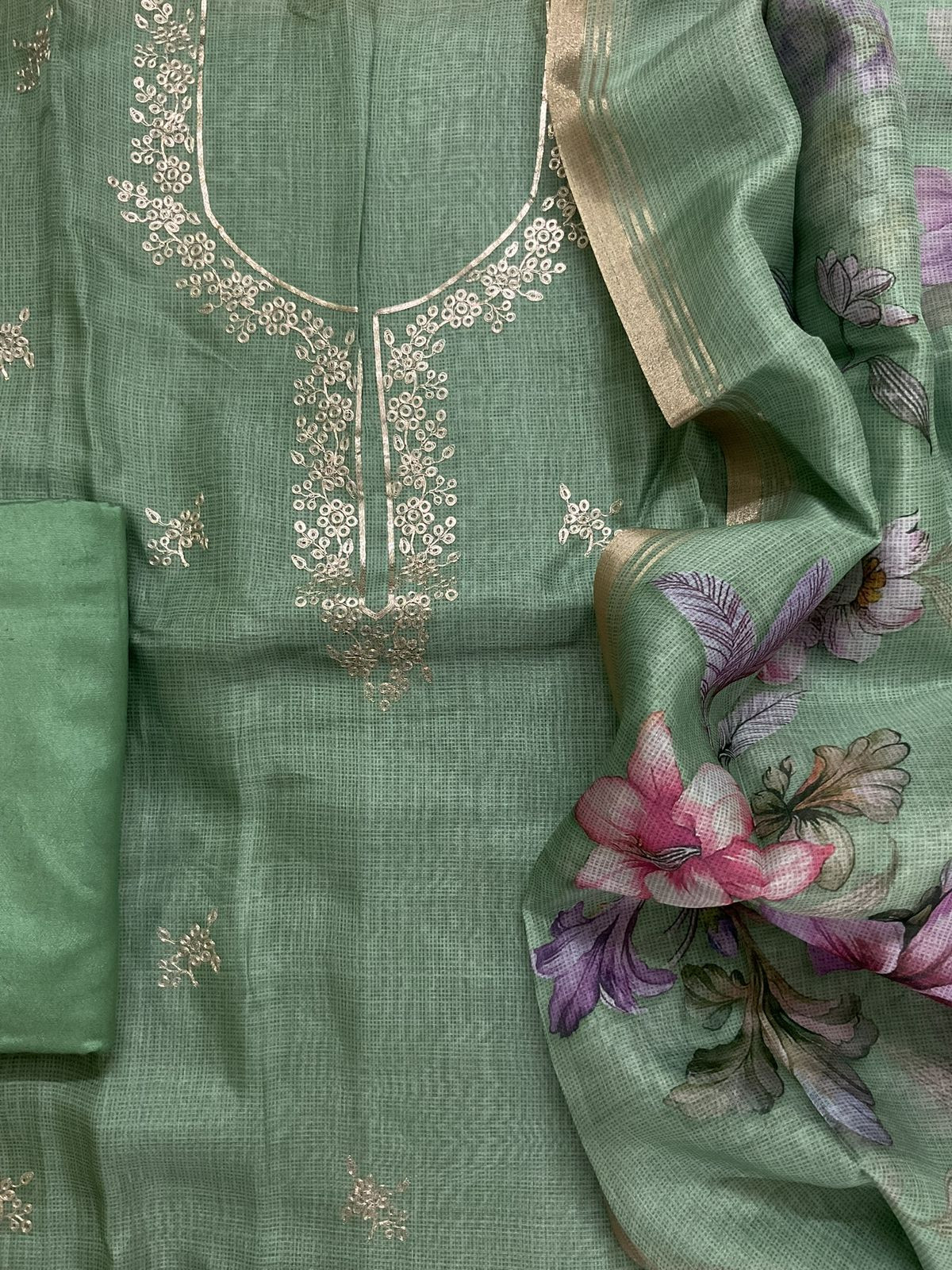Soft Kota Silk Printed Embroidered Suit - Green
