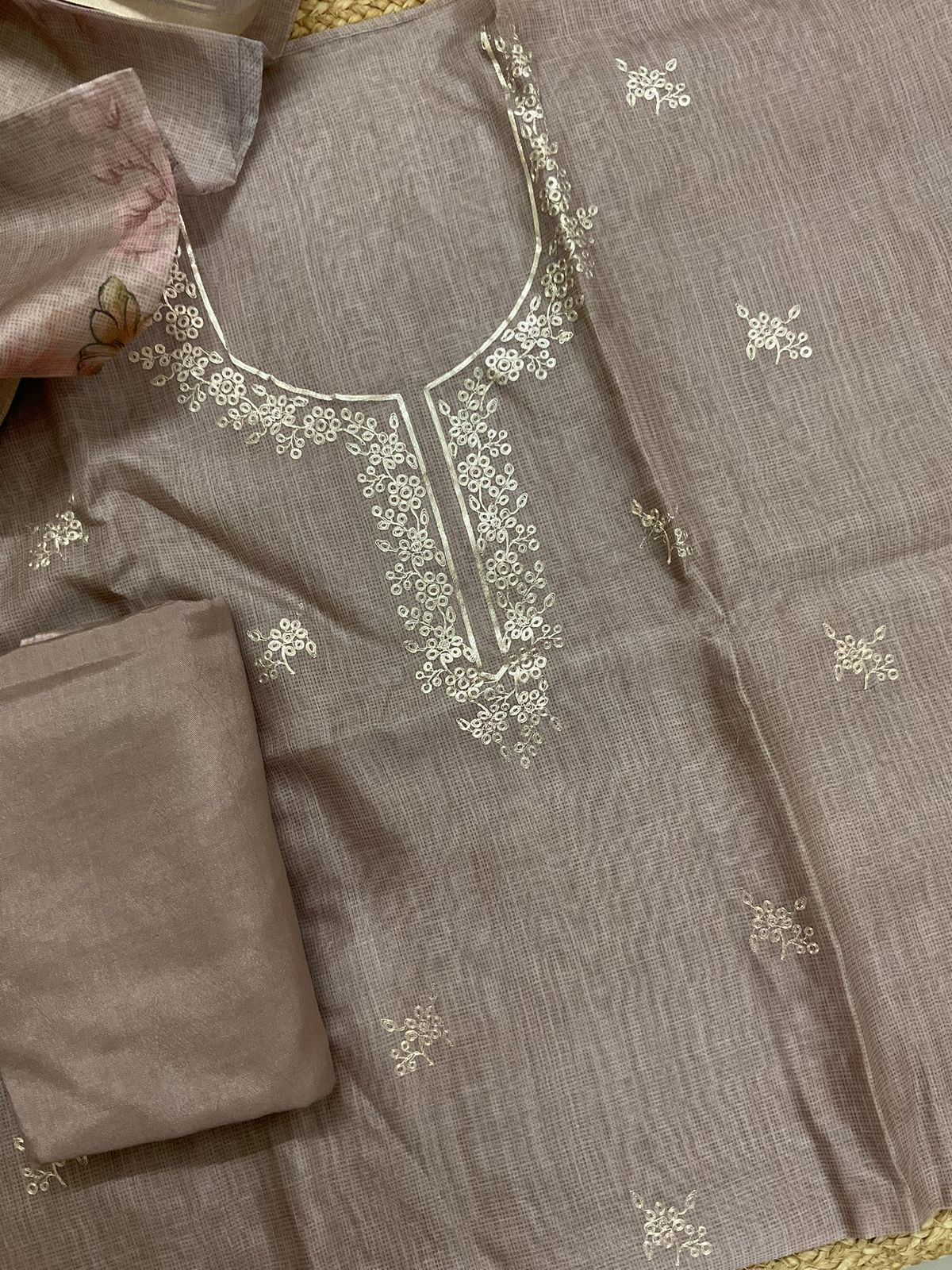 Soft Kota Silk Printed Embroidered Suit - Beige