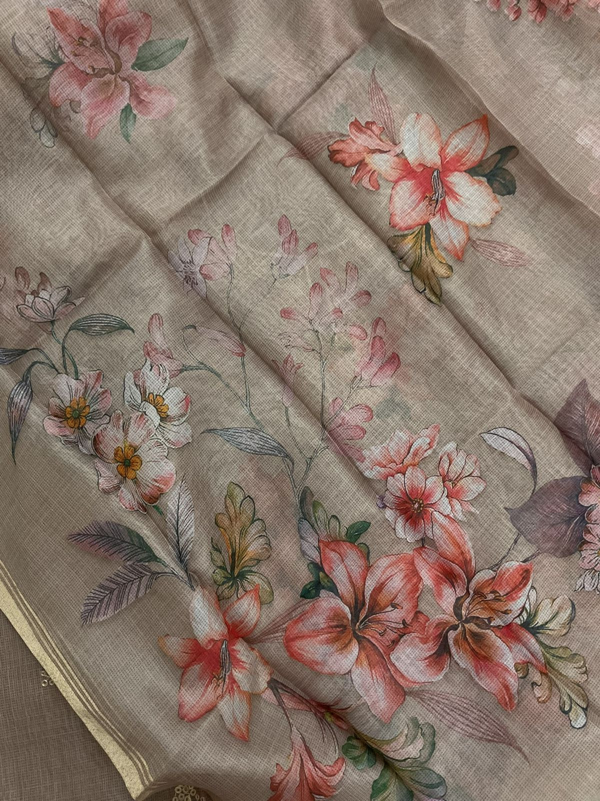 Soft Kota Silk Printed Embroidered Suit - Beige