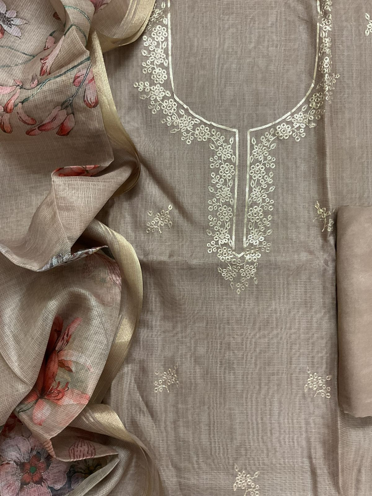 Soft Kota Silk Printed Embroidered Suit - Beige
