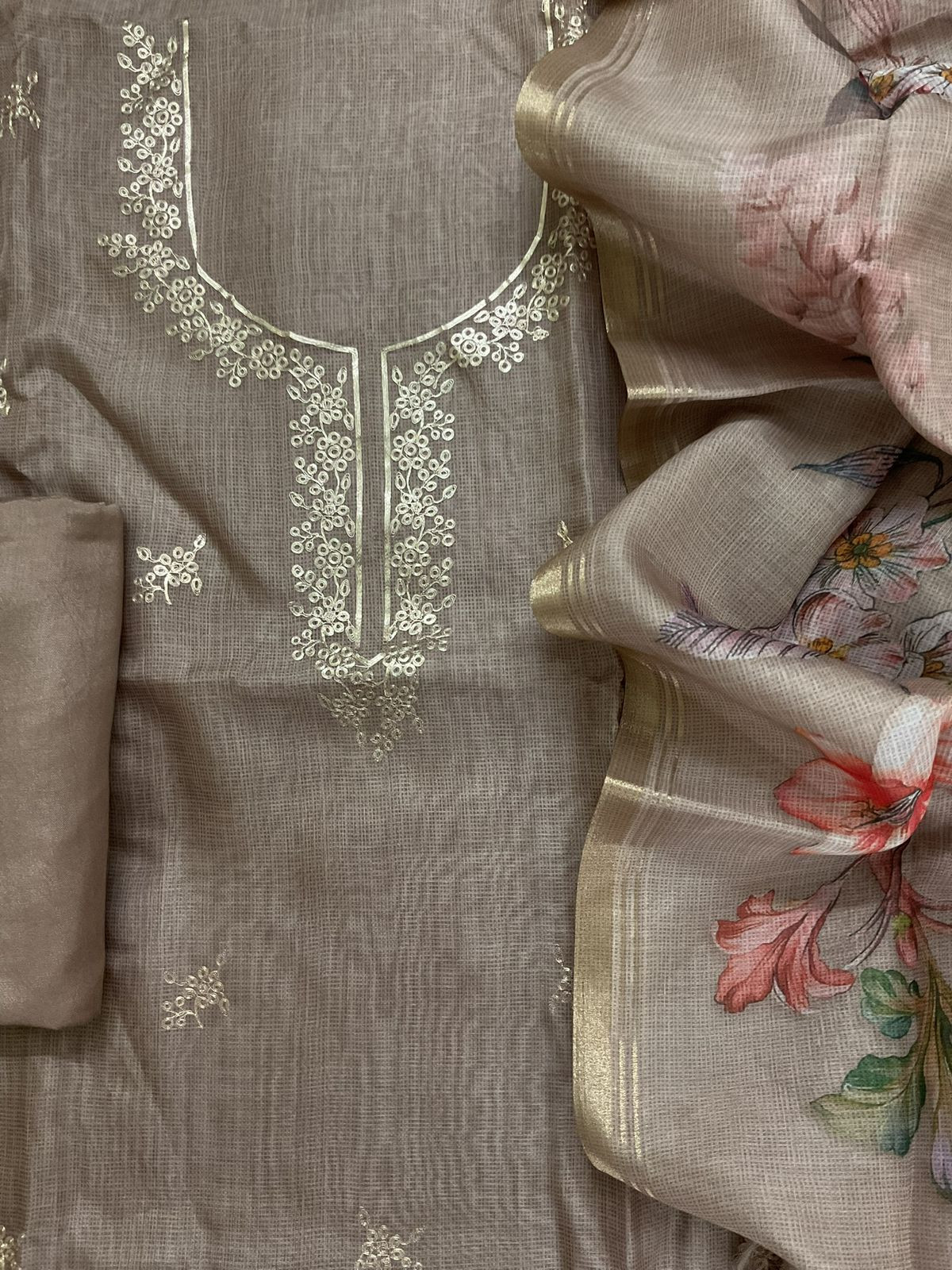 Soft Kota Silk Printed Embroidered Suit - Beige