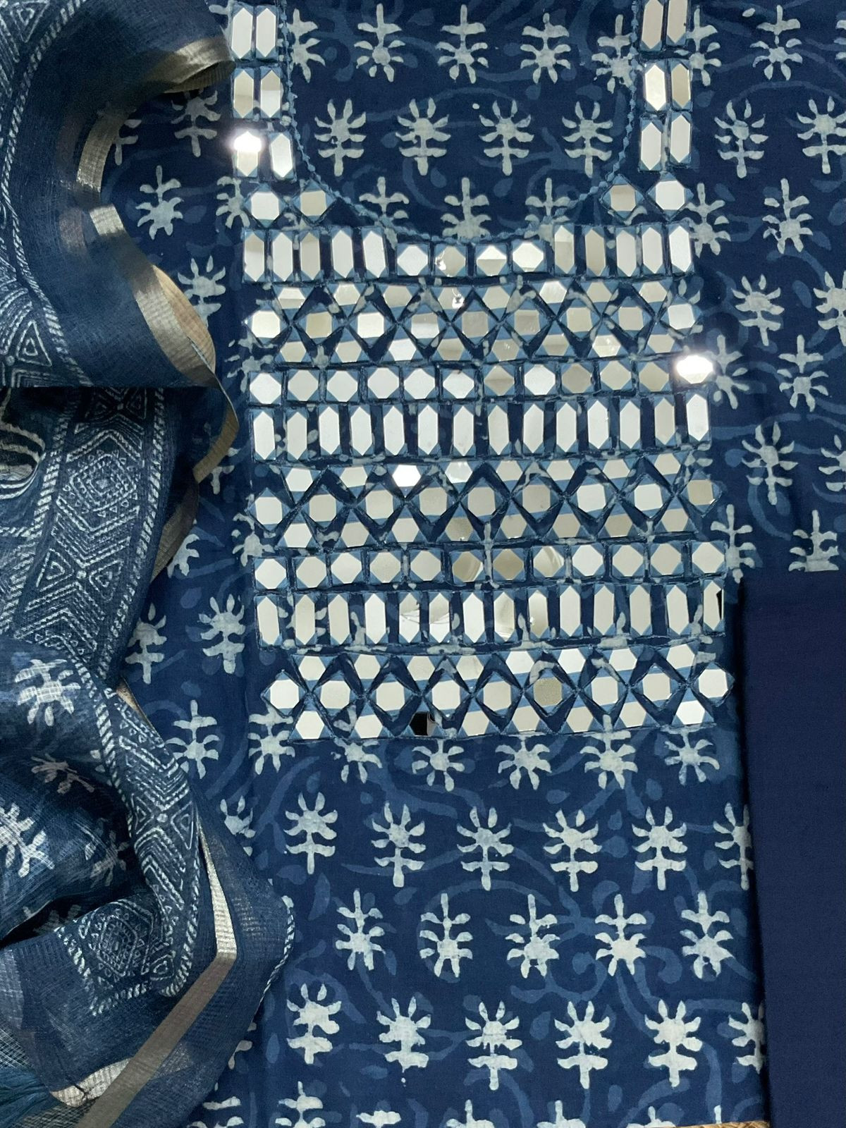 Pure Cotton Printed Embroidered Suit - Blue